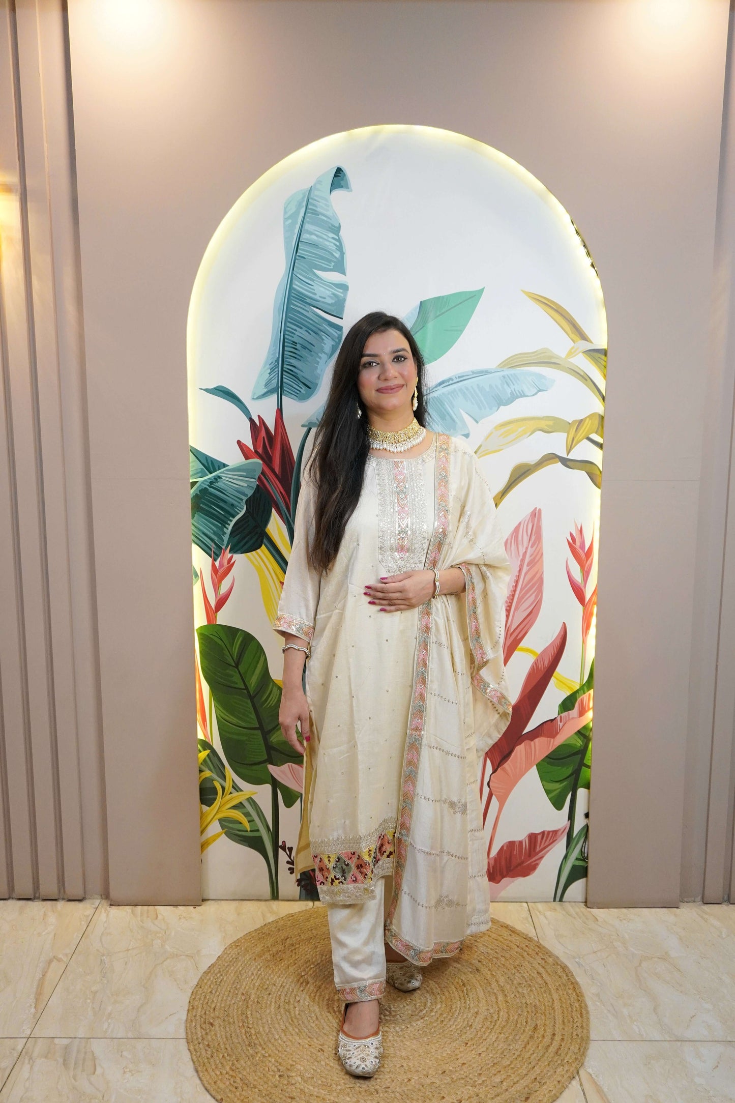 Beige Colour Zari Work Straight Kurta Set with Pant & Dupatta