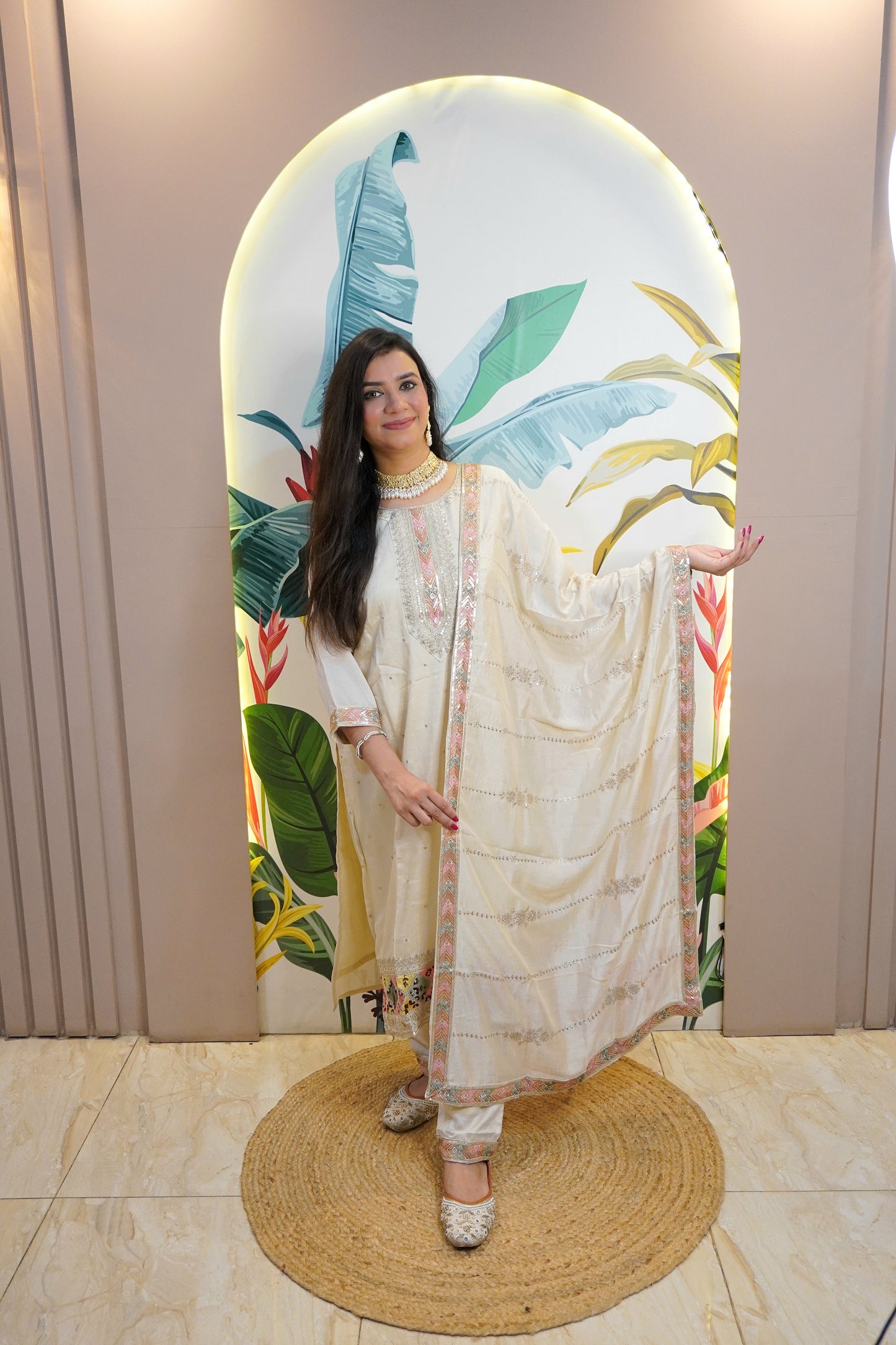 Beige Colour Zari Work Straight Kurta Set with Pant & Dupatta