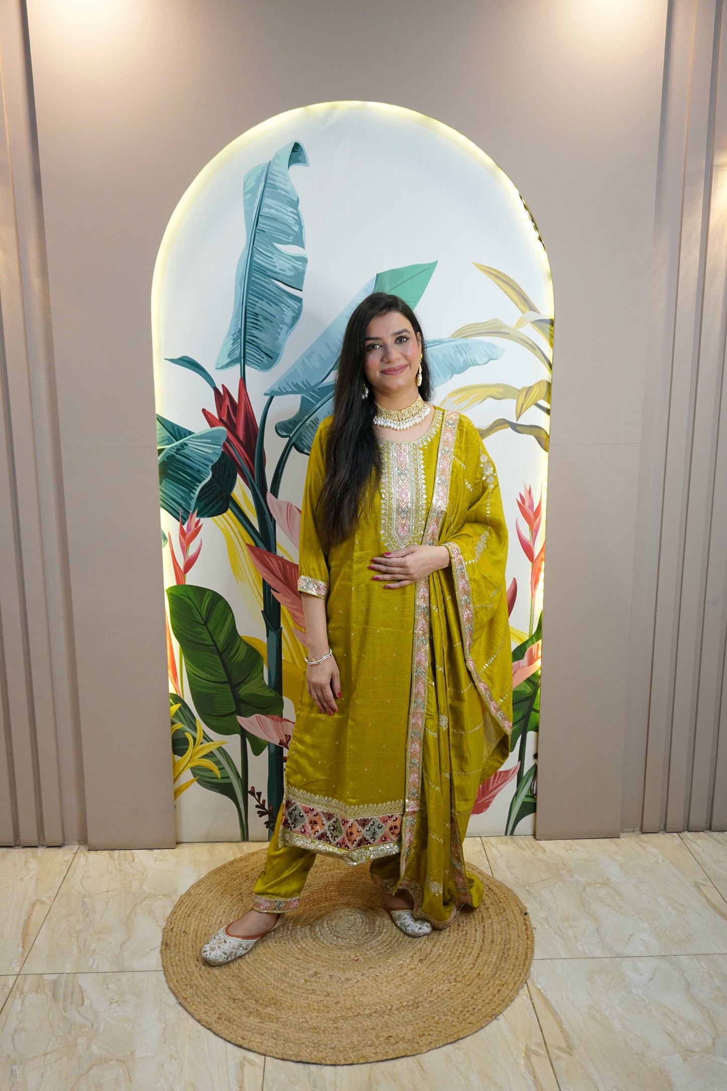 Lemon Green Colour Zari Work Straight Kurta Set with Pant & Dupatta