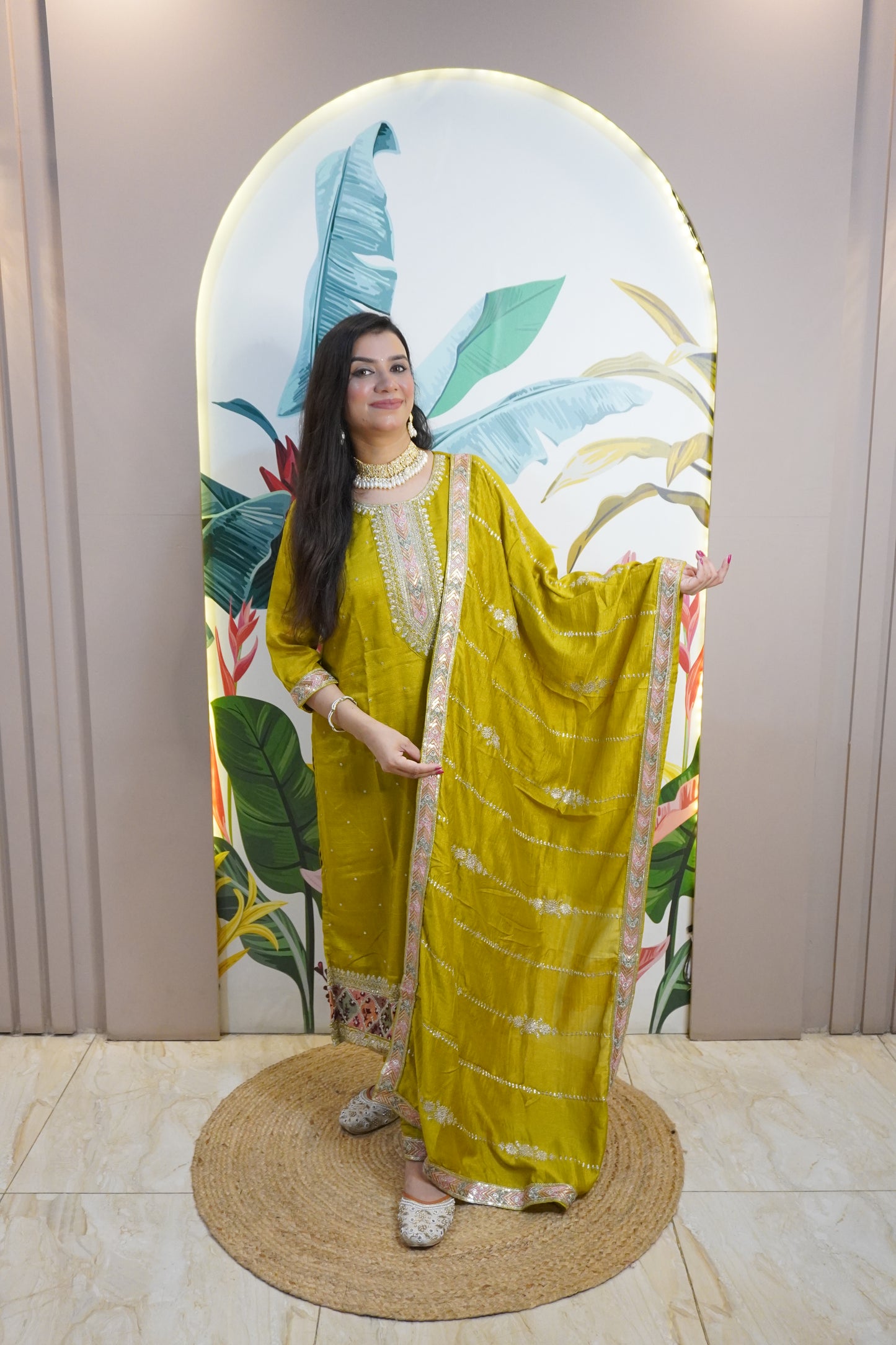 Lemon Green Colour Zari Work Straight Kurta Set with Pant & Dupatta
