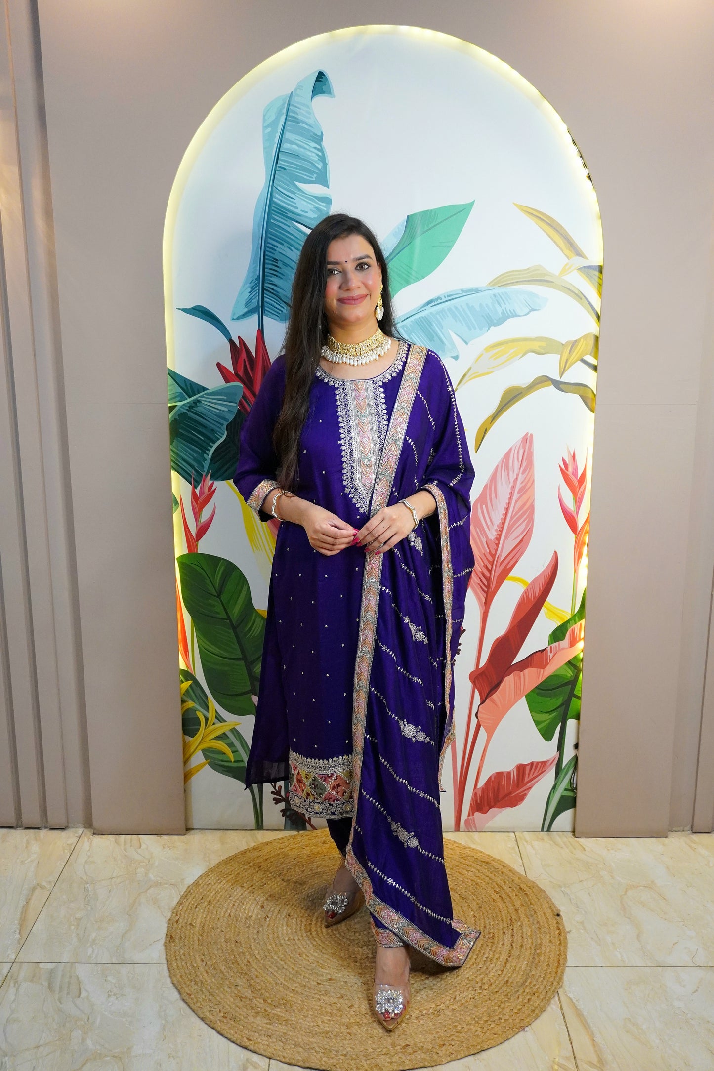 Purple Colour Zari Work Straight Kurta Set with Pant & Dupatta