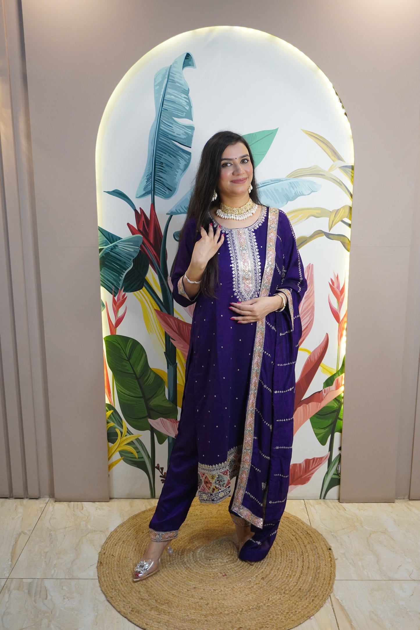 Purple Colour Zari Work Straight Kurta Set with Pant & Dupatta