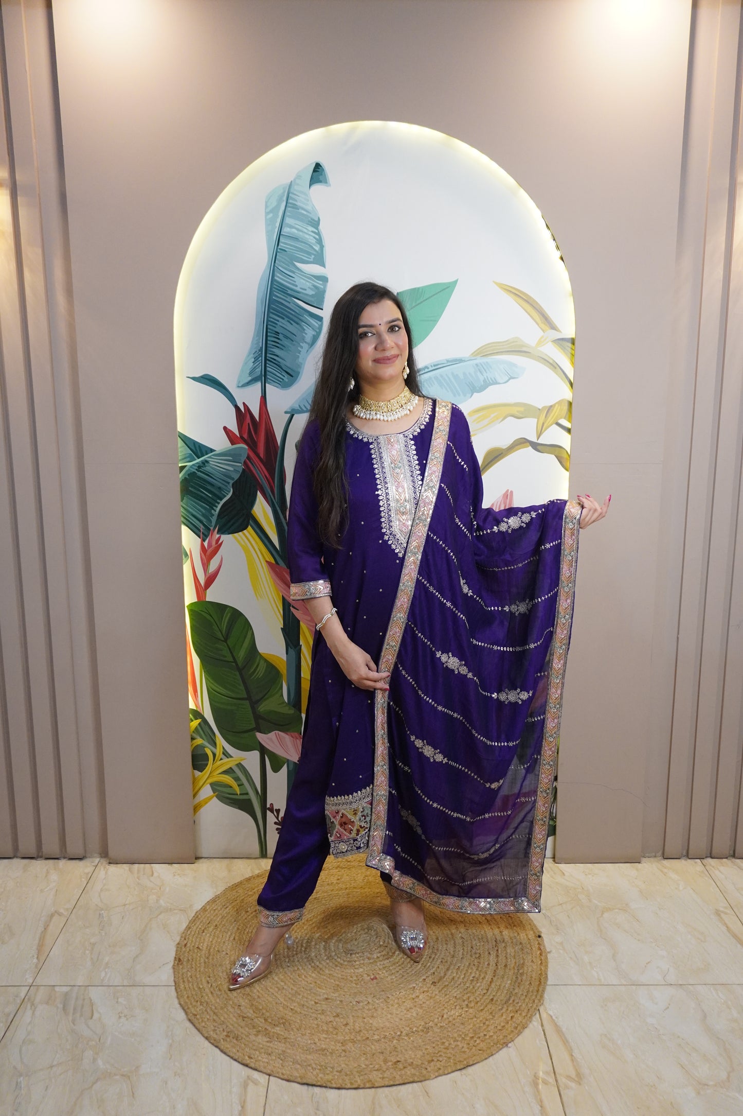 Purple Colour Zari Work Straight Kurta Set with Pant & Dupatta
