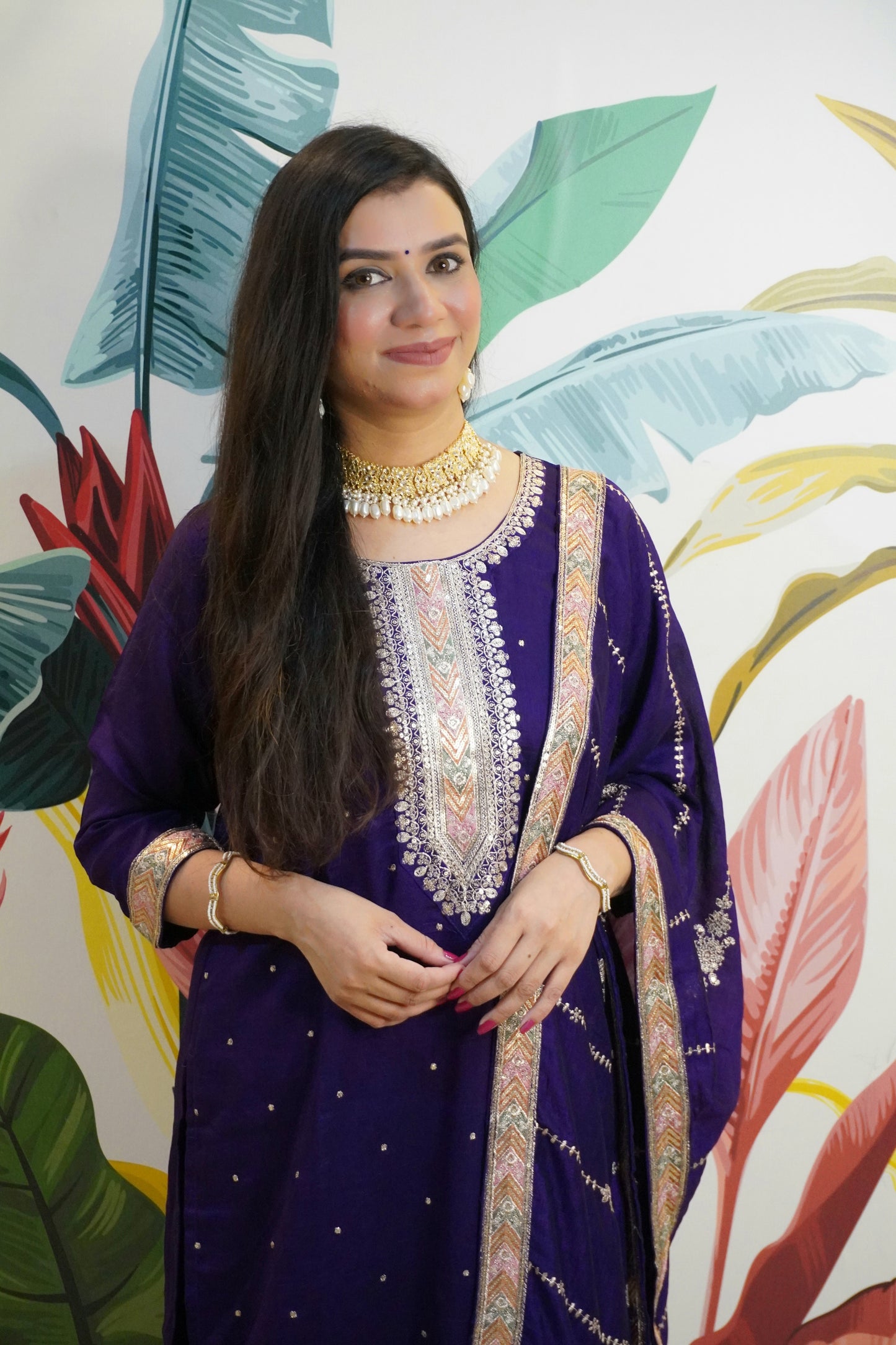 Purple Colour Zari Work Straight Kurta Set with Pant & Dupatta