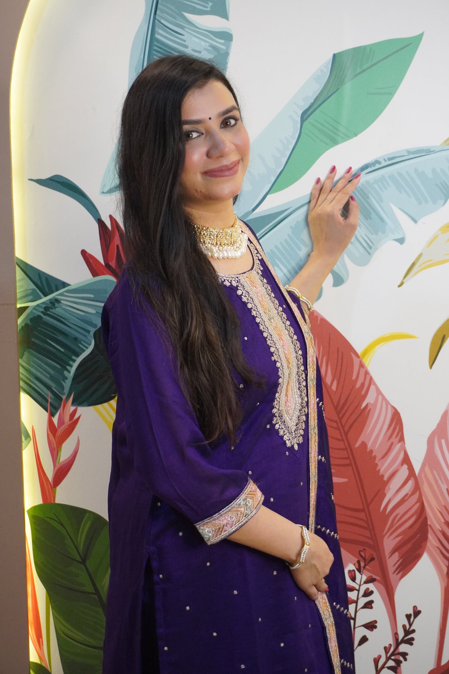 Purple Colour Zari Work Straight Kurta Set with Pant & Dupatta