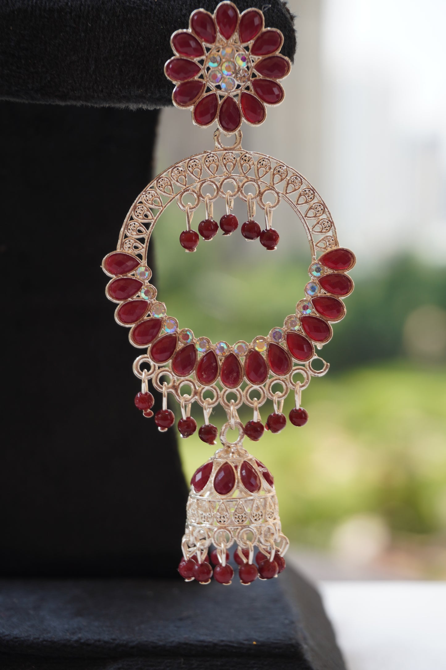 Maroon stone chandbali earing