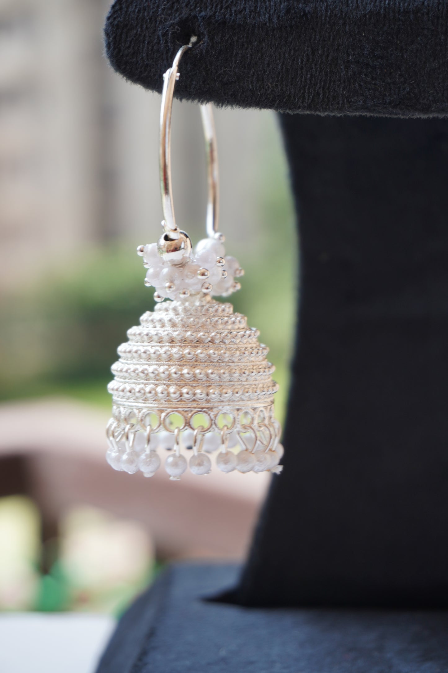 Silver Plated White Pearl Bali Jhumka earring