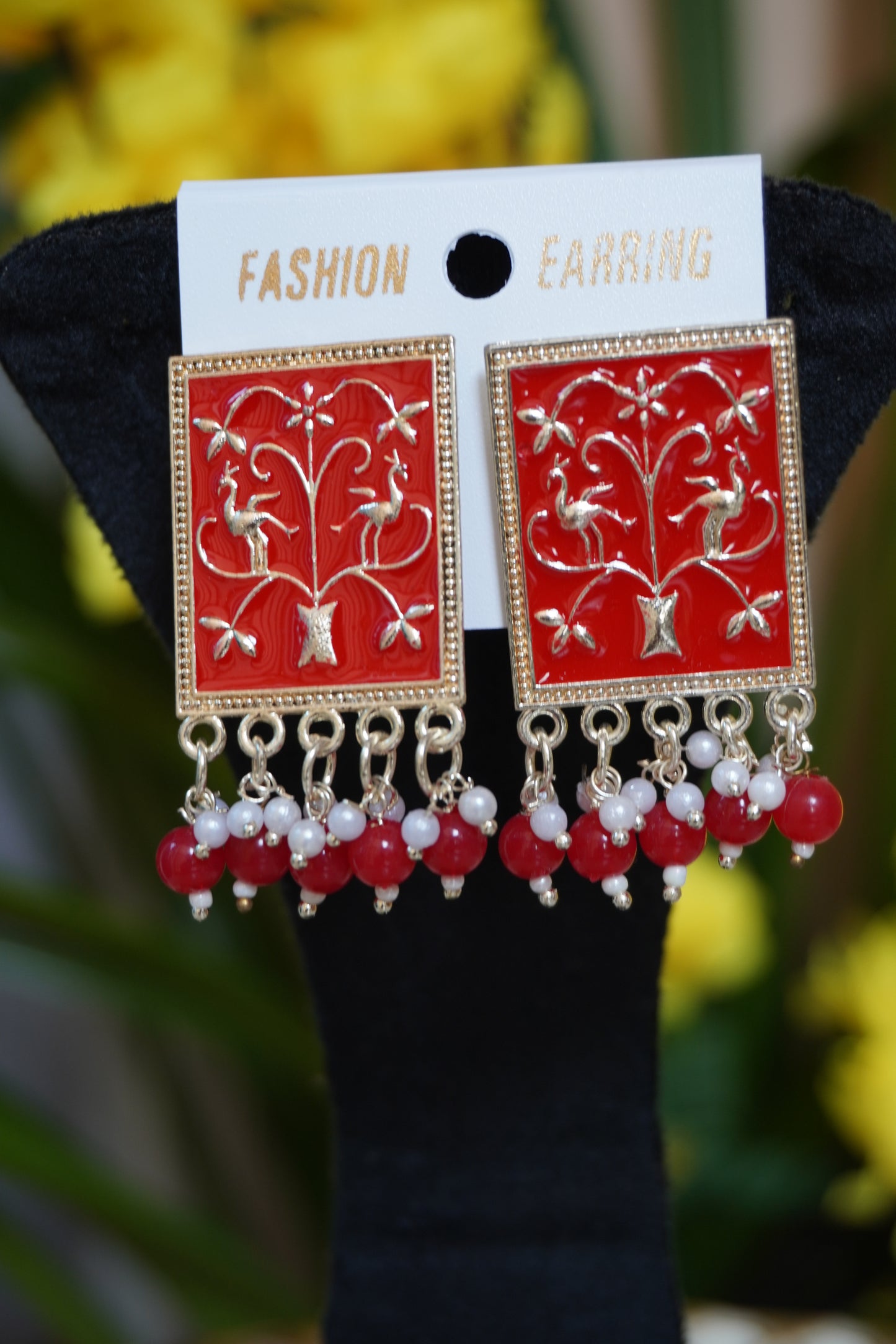 Red colour rectangle shape meenakari stud