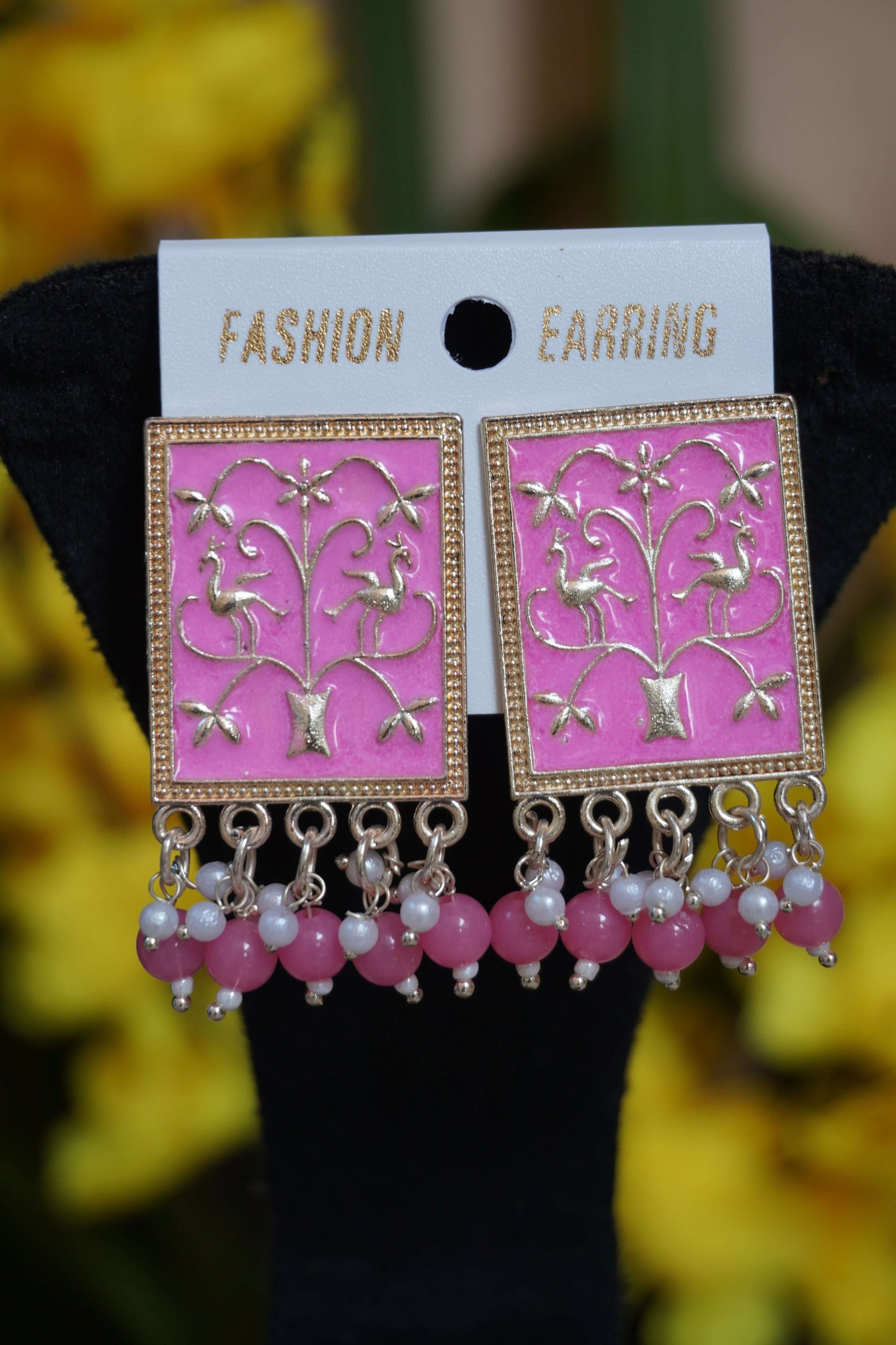 Baby Pink colour rectangle shape meenakari stud