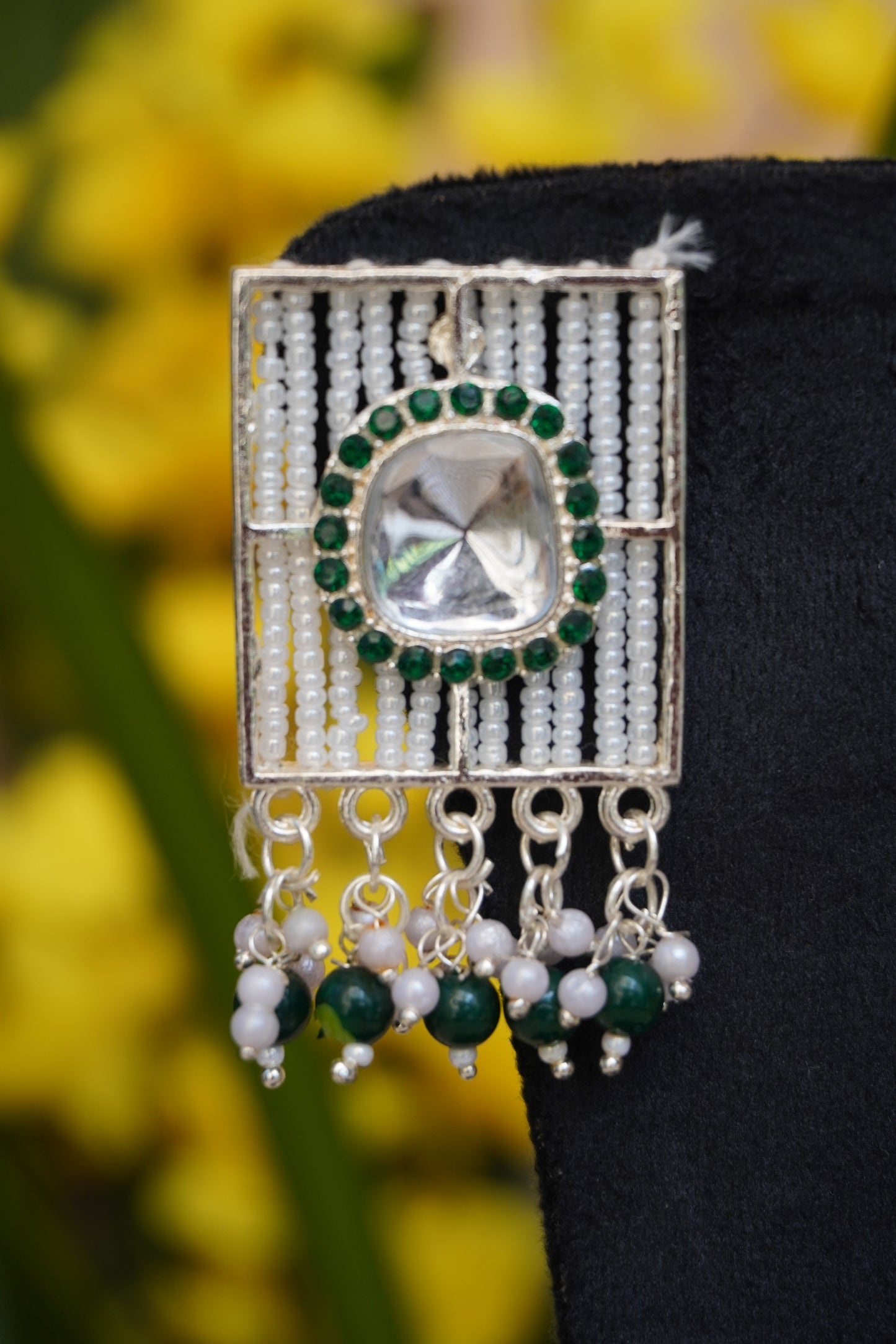 Green colour rectangle shape Pearl work earrings
