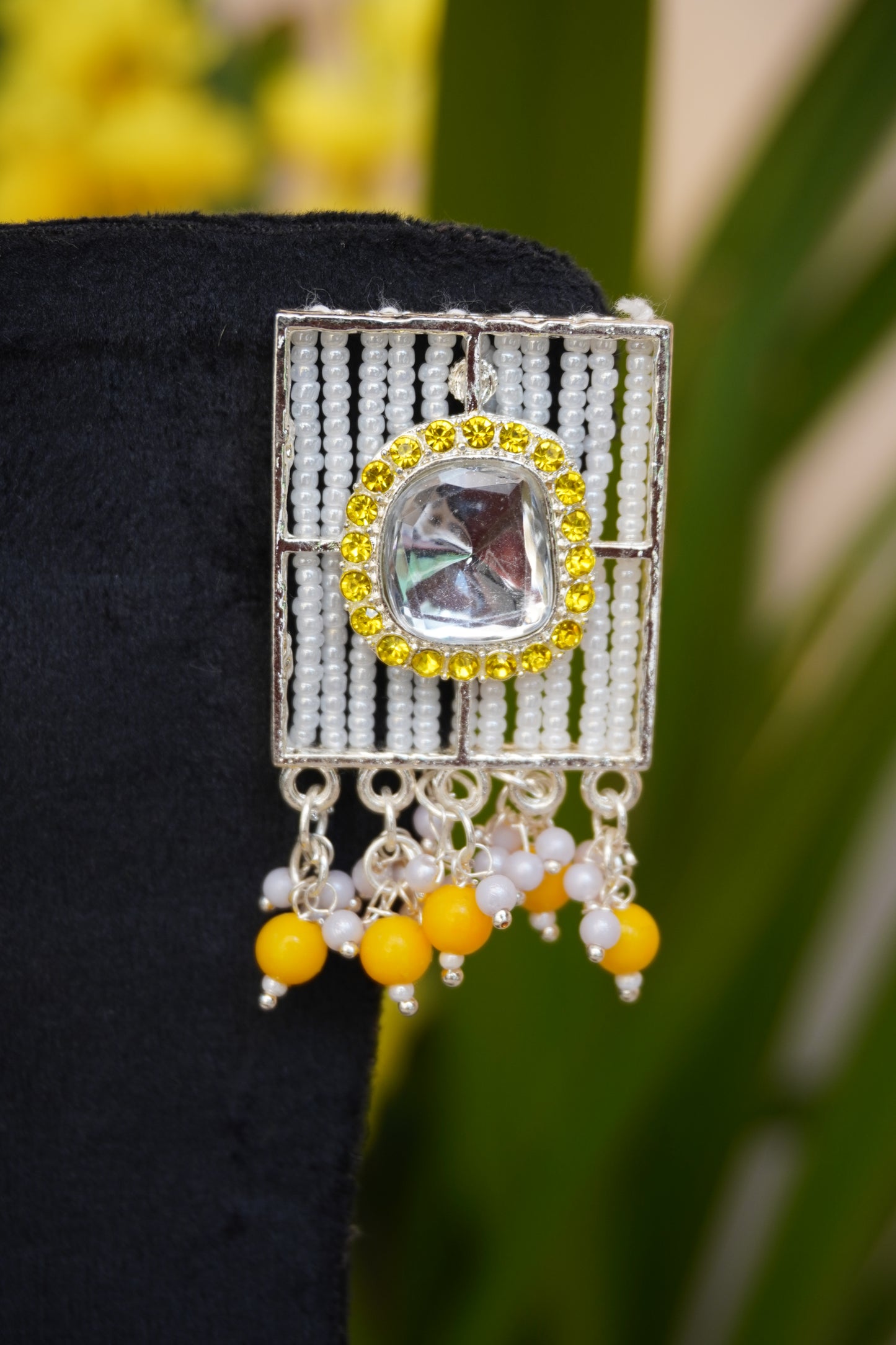 Yellow colour rectangle shape Pearl work earrings