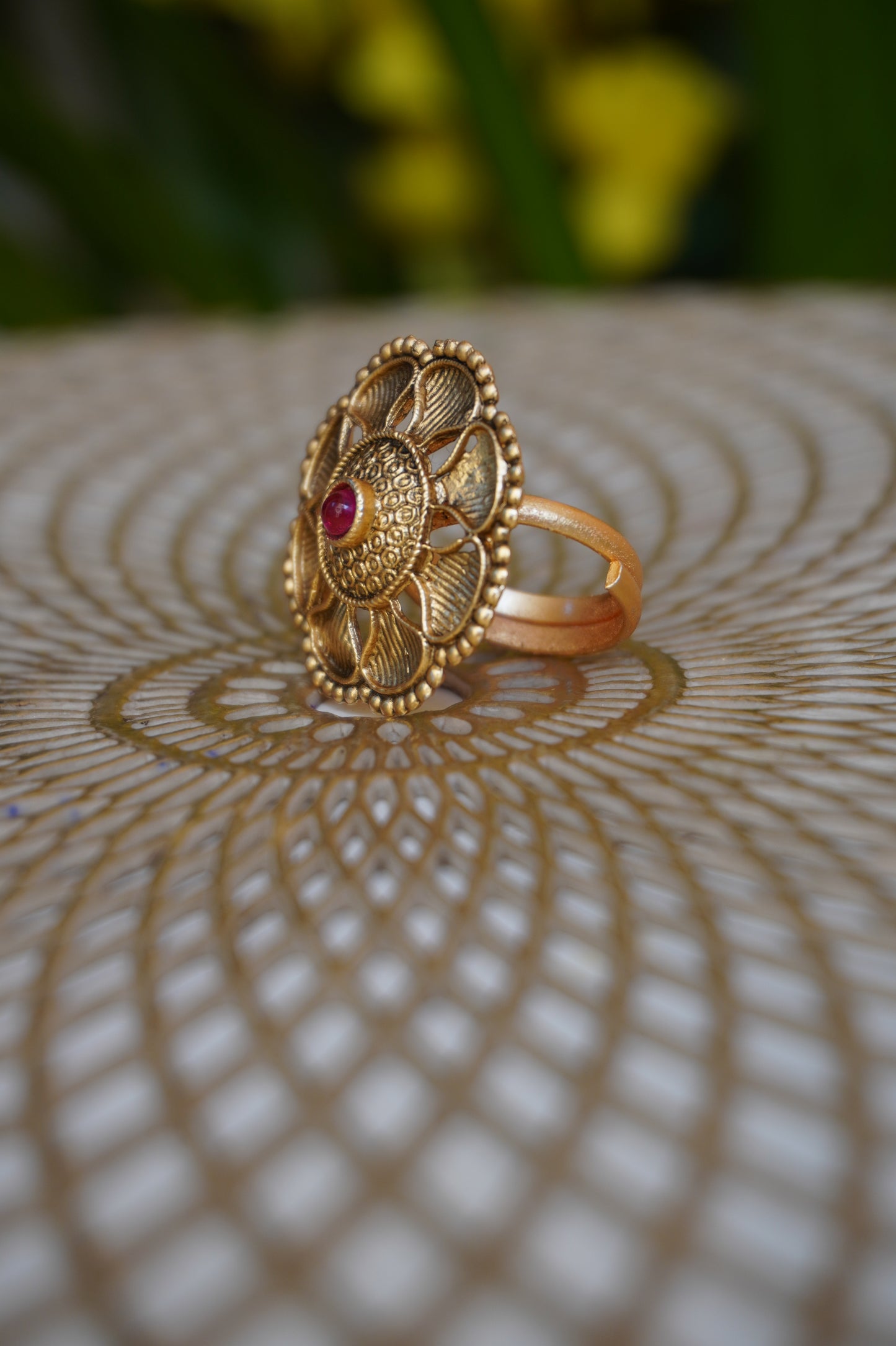 Round Shape Gold Plated Rajwadi Look Adjustable Ring