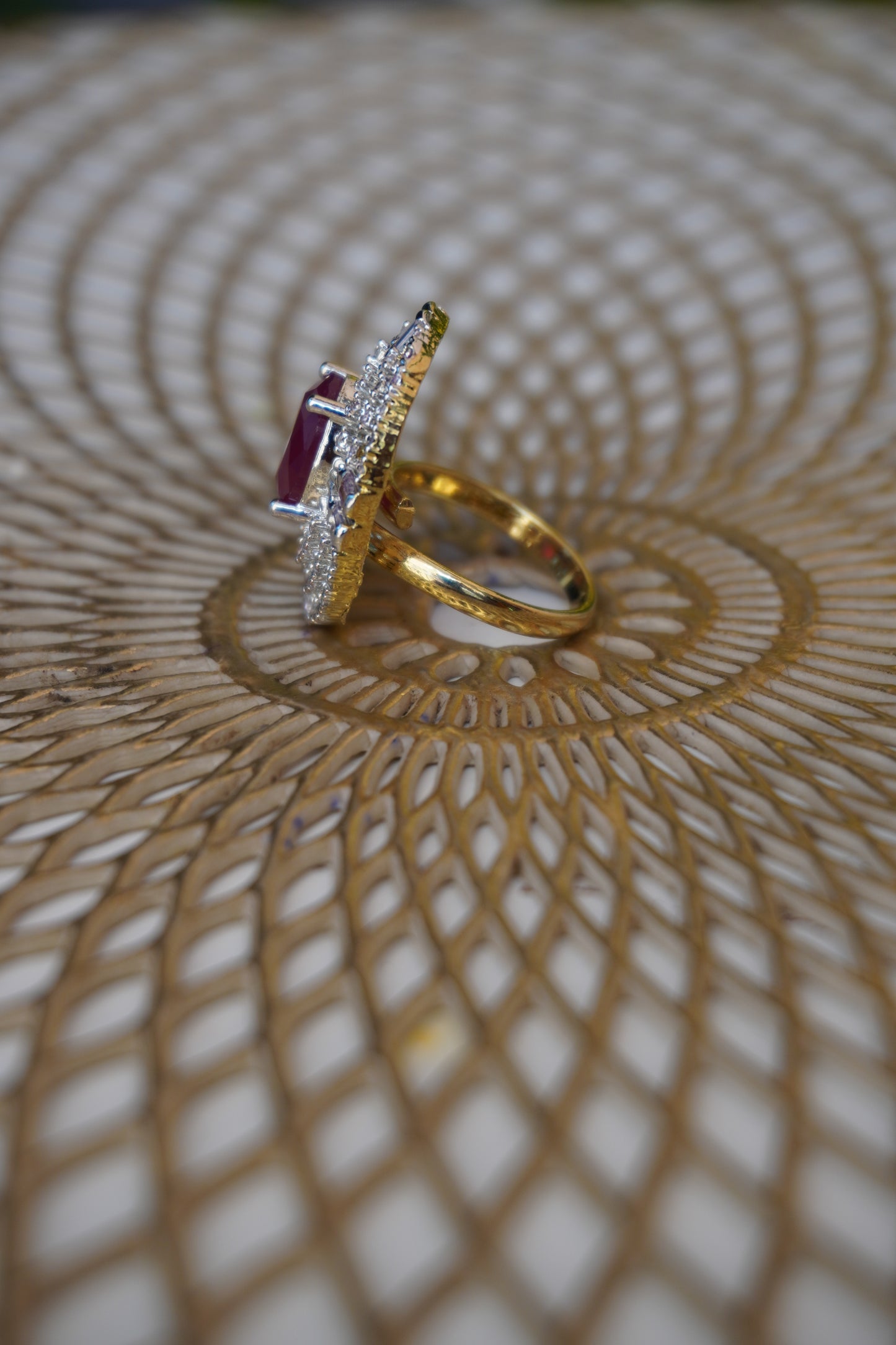 Round shape American Diamond Stylish Red Stone Adjustable Ring