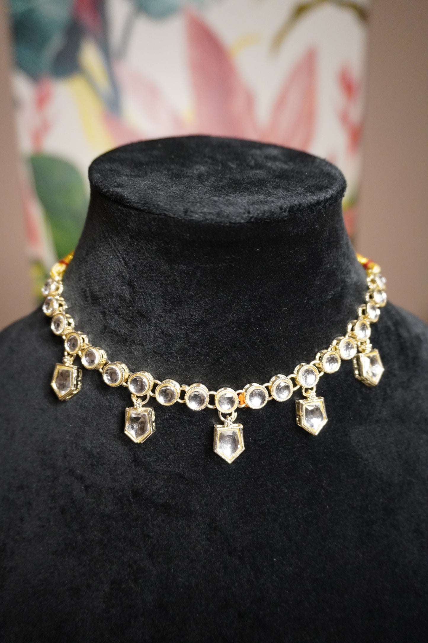 Silver Colour Kundan Necklace with Earring
