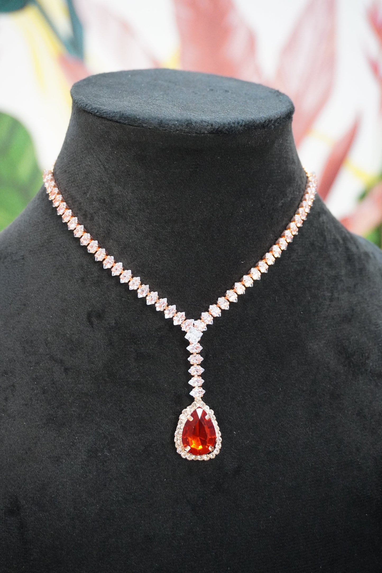 Red & Rose Gold Colour Pendant Necklace with Earring
