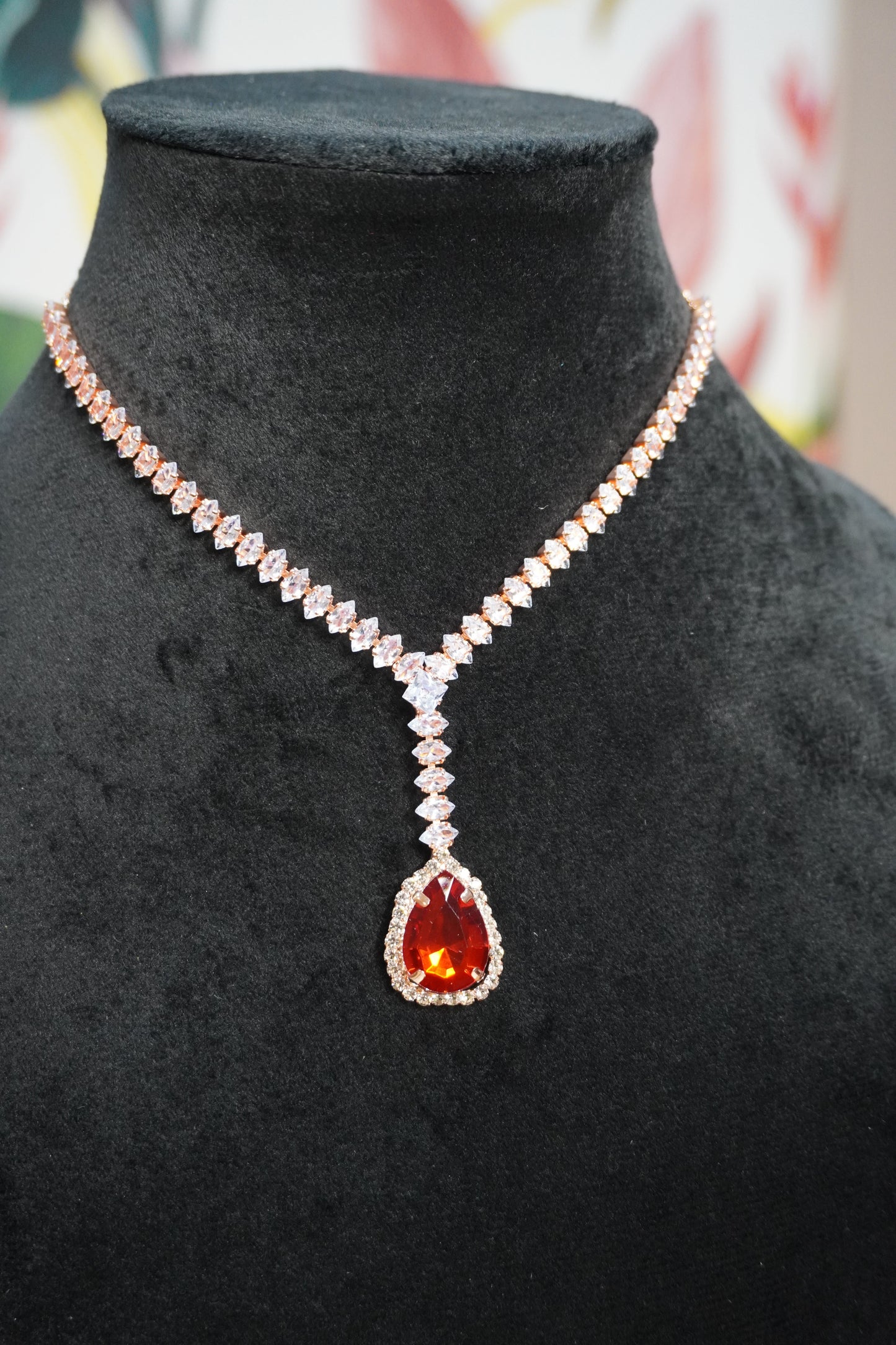 Red & Rose Gold Colour Pendant Necklace with Earring