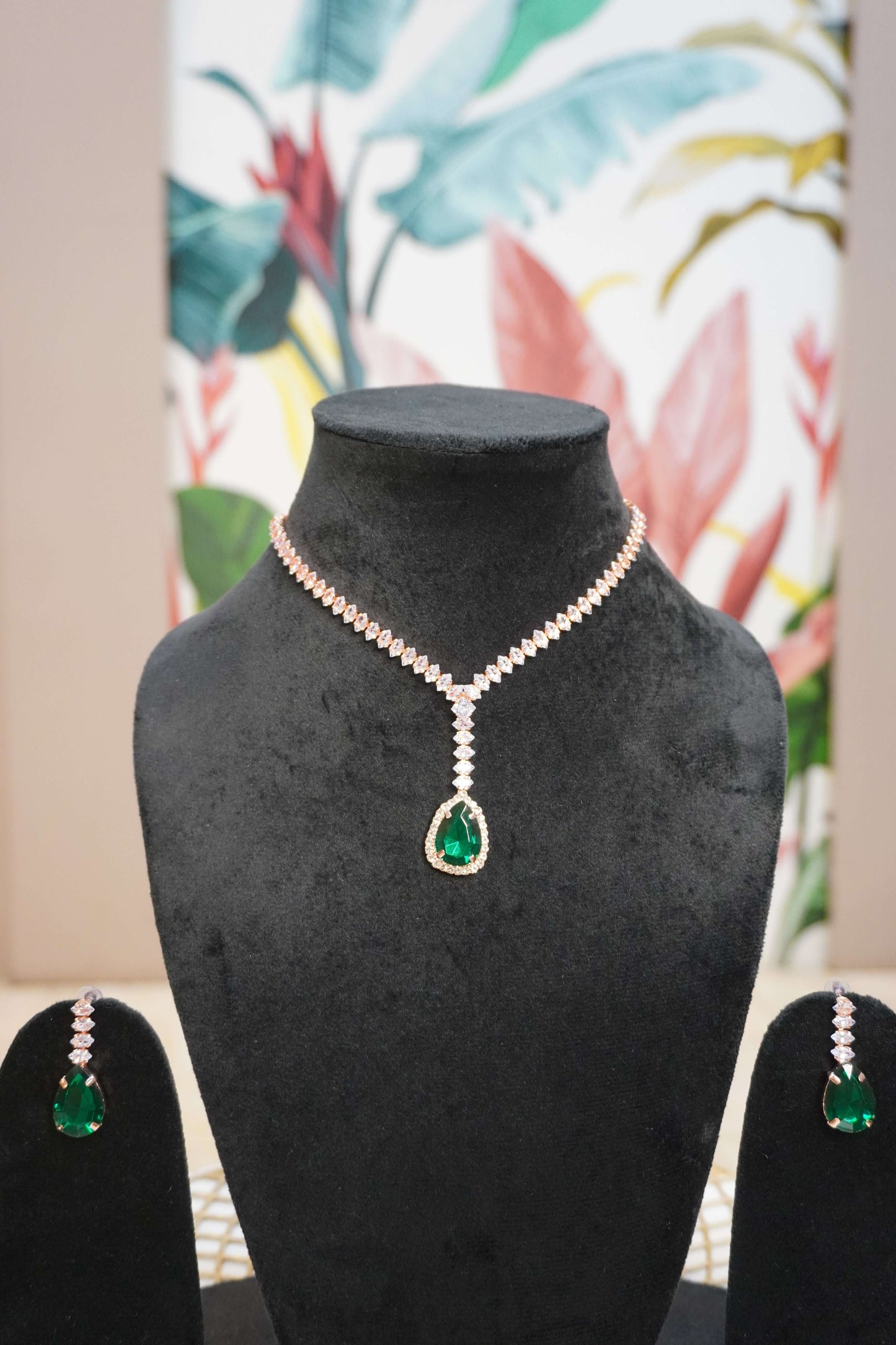 Green & Rose Gold Colour Pendant Necklace with Earring
