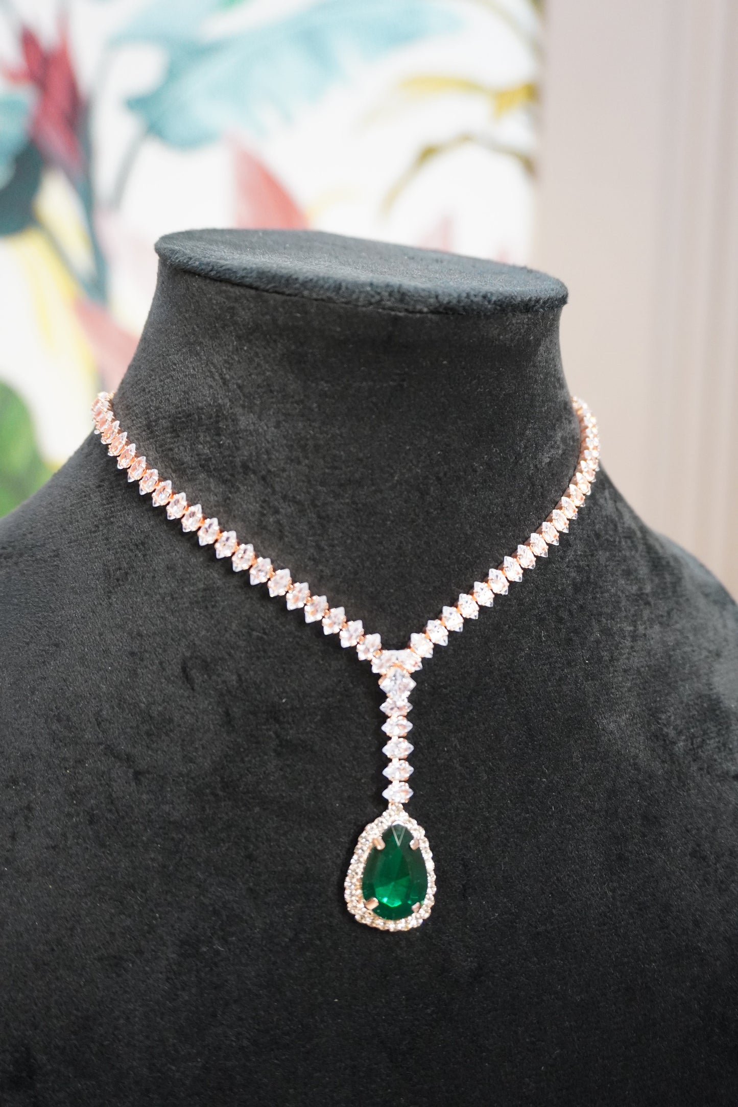 Green & Rose Gold Colour Pendant Necklace with Earring