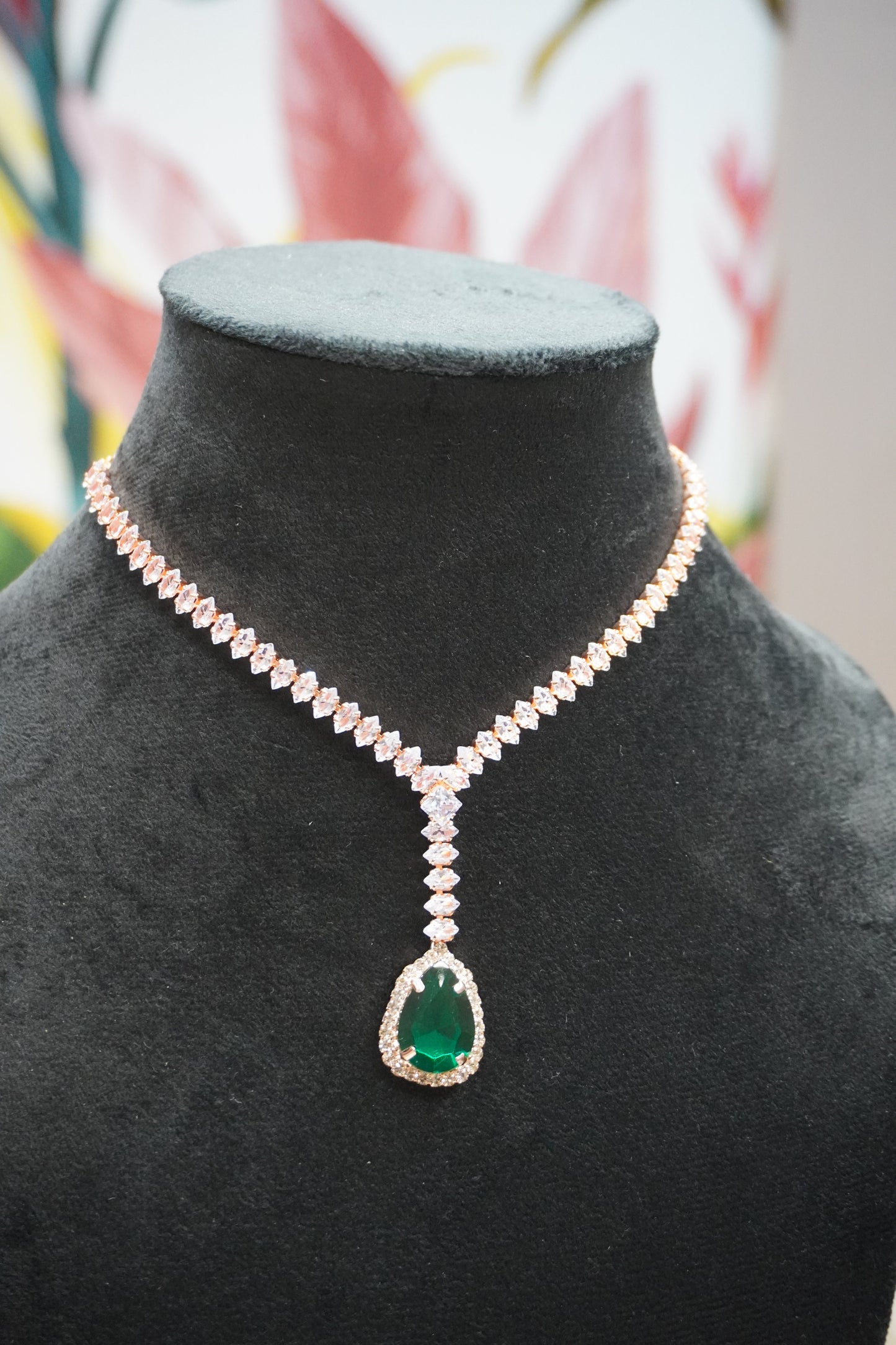 Green & Rose Gold Colour Pendant Necklace with Earring