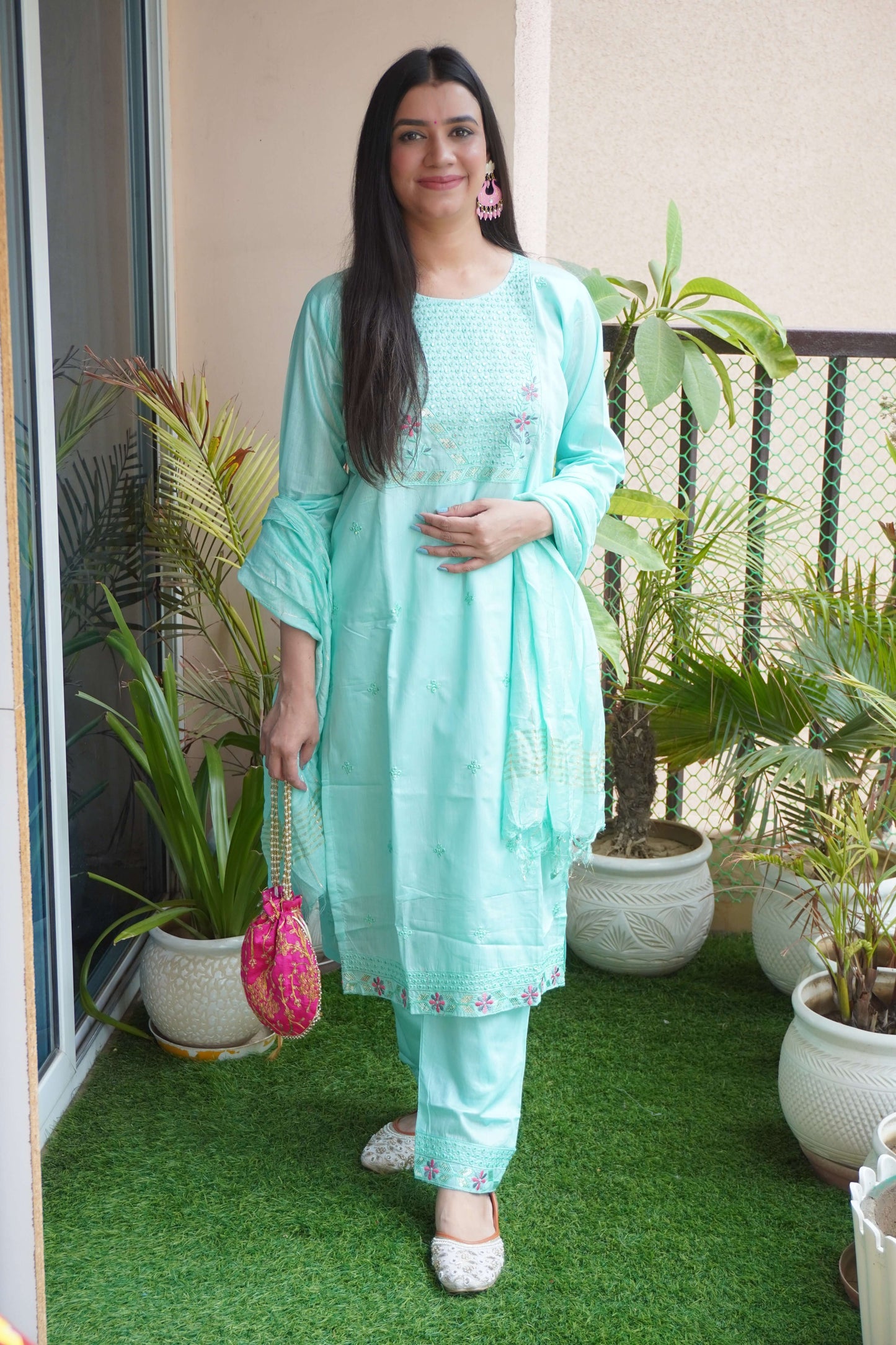 Sea Green Colour Thread & Sequence Work Straight Kurta Set with Pant & Dupatta