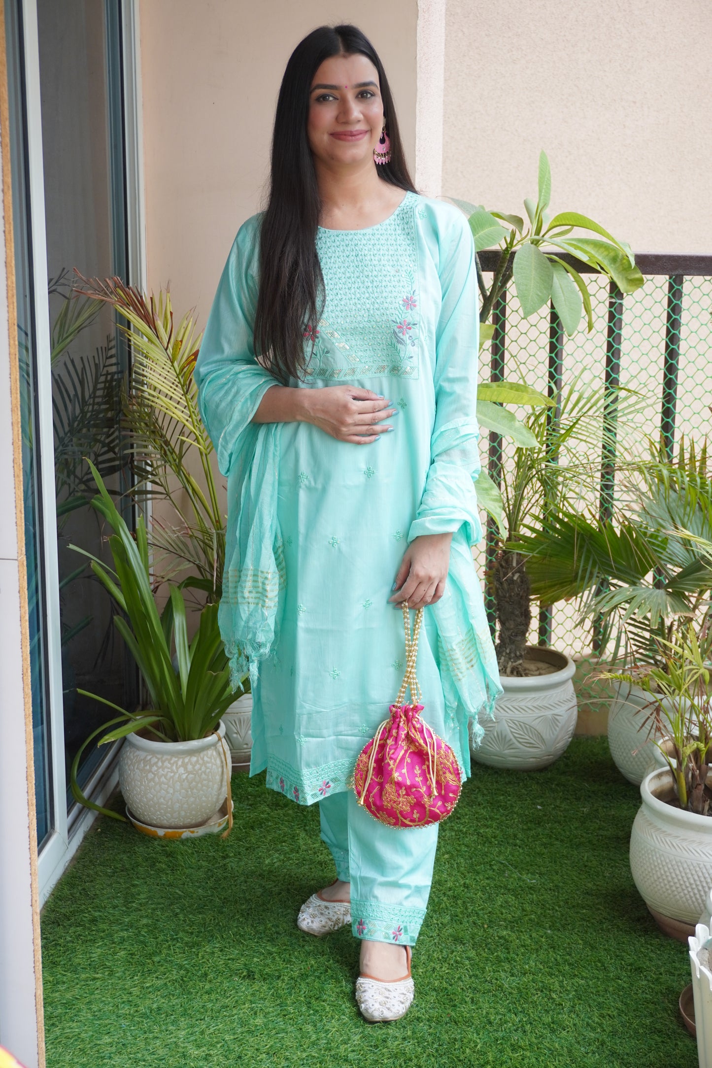 Sea Green Colour Thread & Sequence Work Straight Kurta Set with Pant & Dupatta