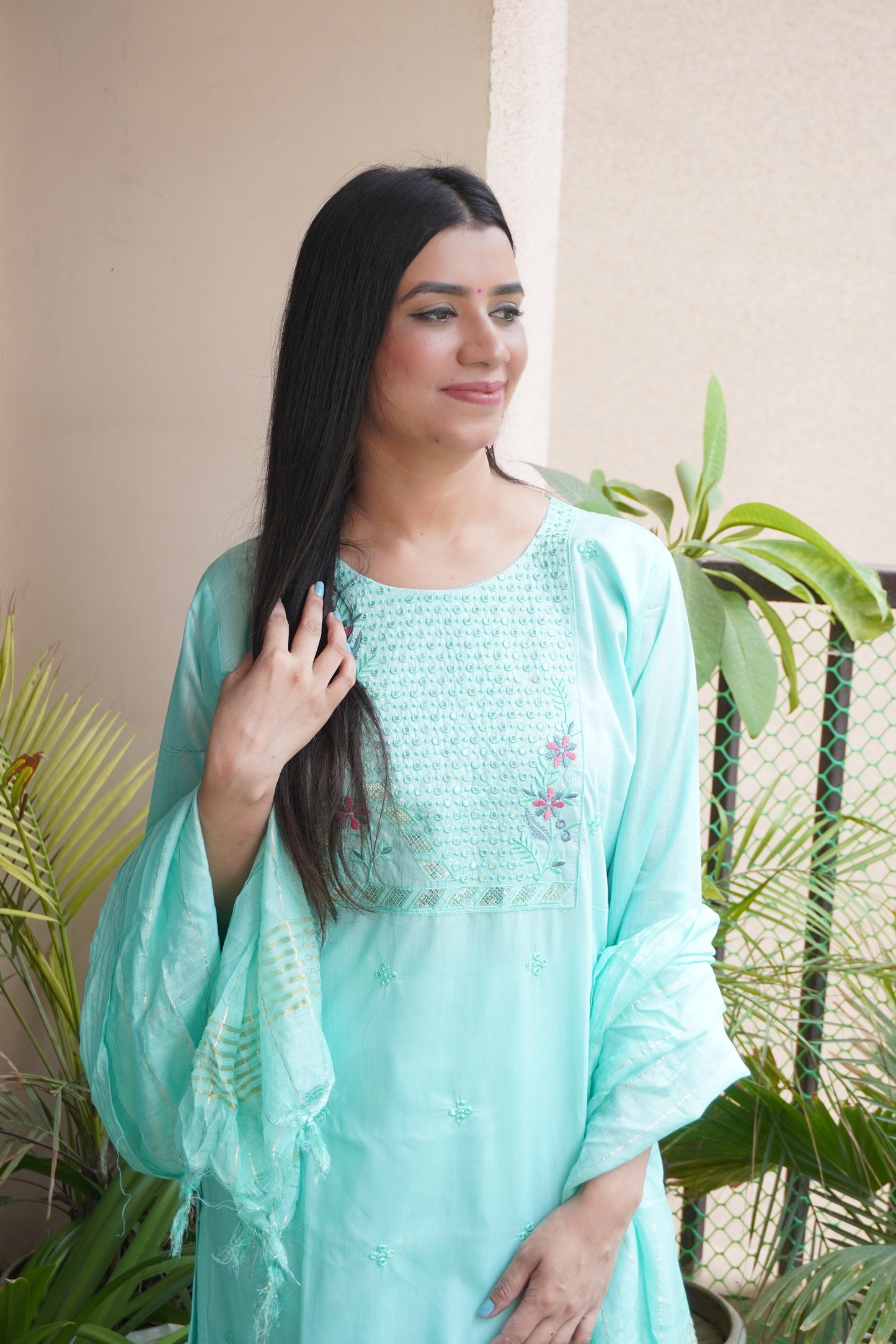 Sea Green Colour Thread & Sequence Work Straight Kurta Set with Pant & Dupatta