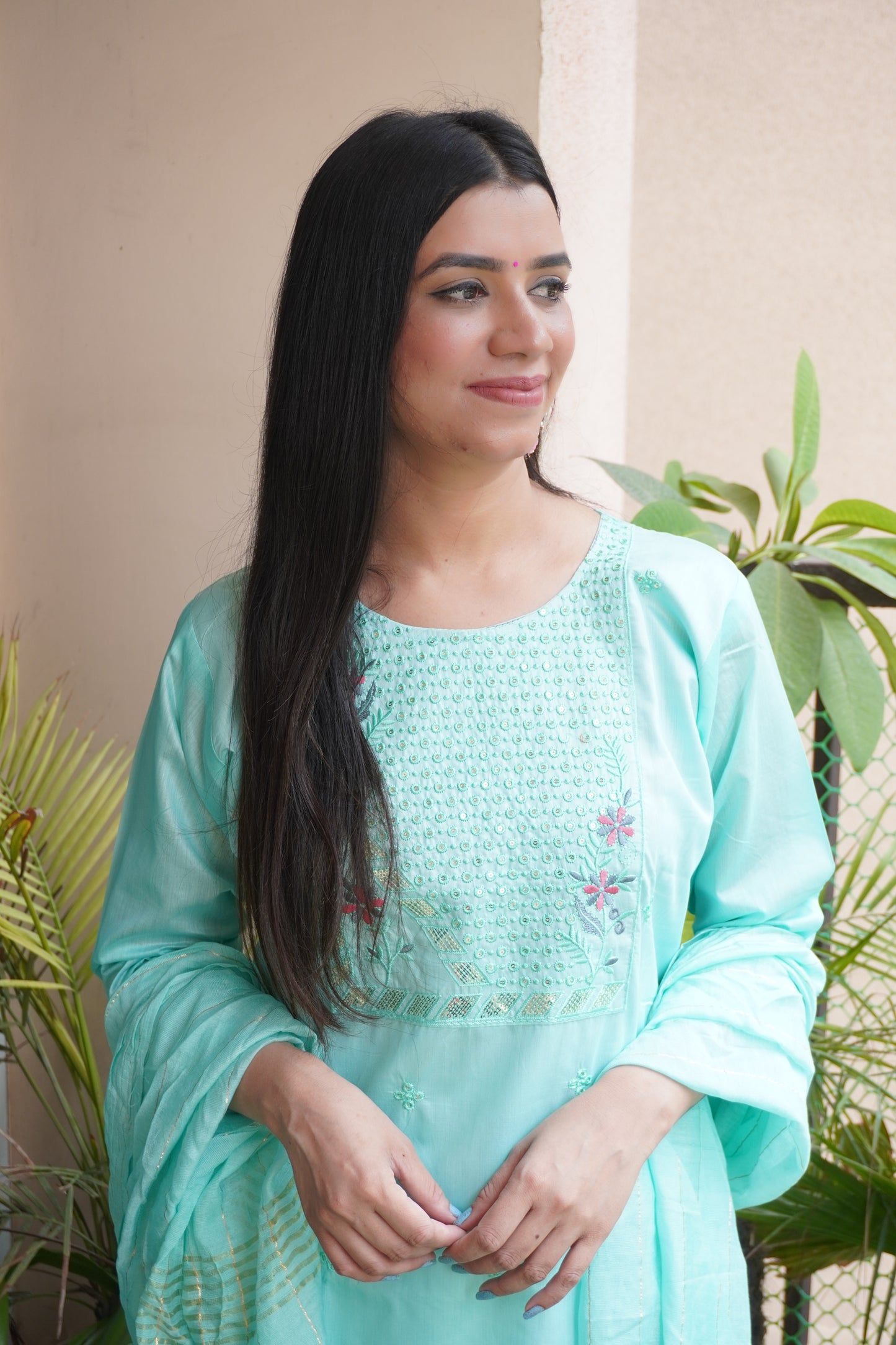 Sea Green Colour Thread & Sequence Work Straight Kurta Set with Pant & Dupatta