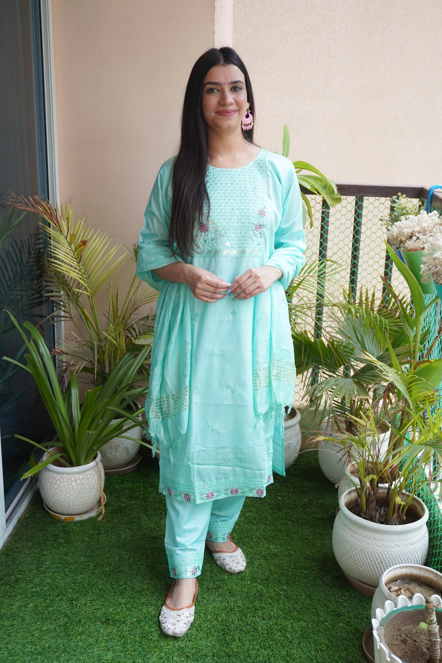 Sea Green Colour Thread & Sequence Work Straight Kurta Set with Pant & Dupatta