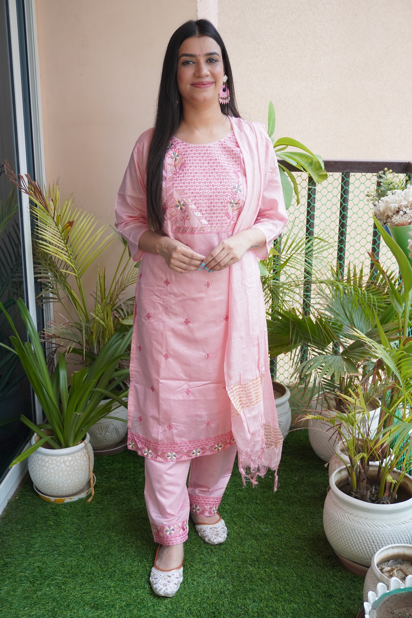 Pink Colour Thread & Sequence Work Straight Kurta Set with Pant & Dupatta