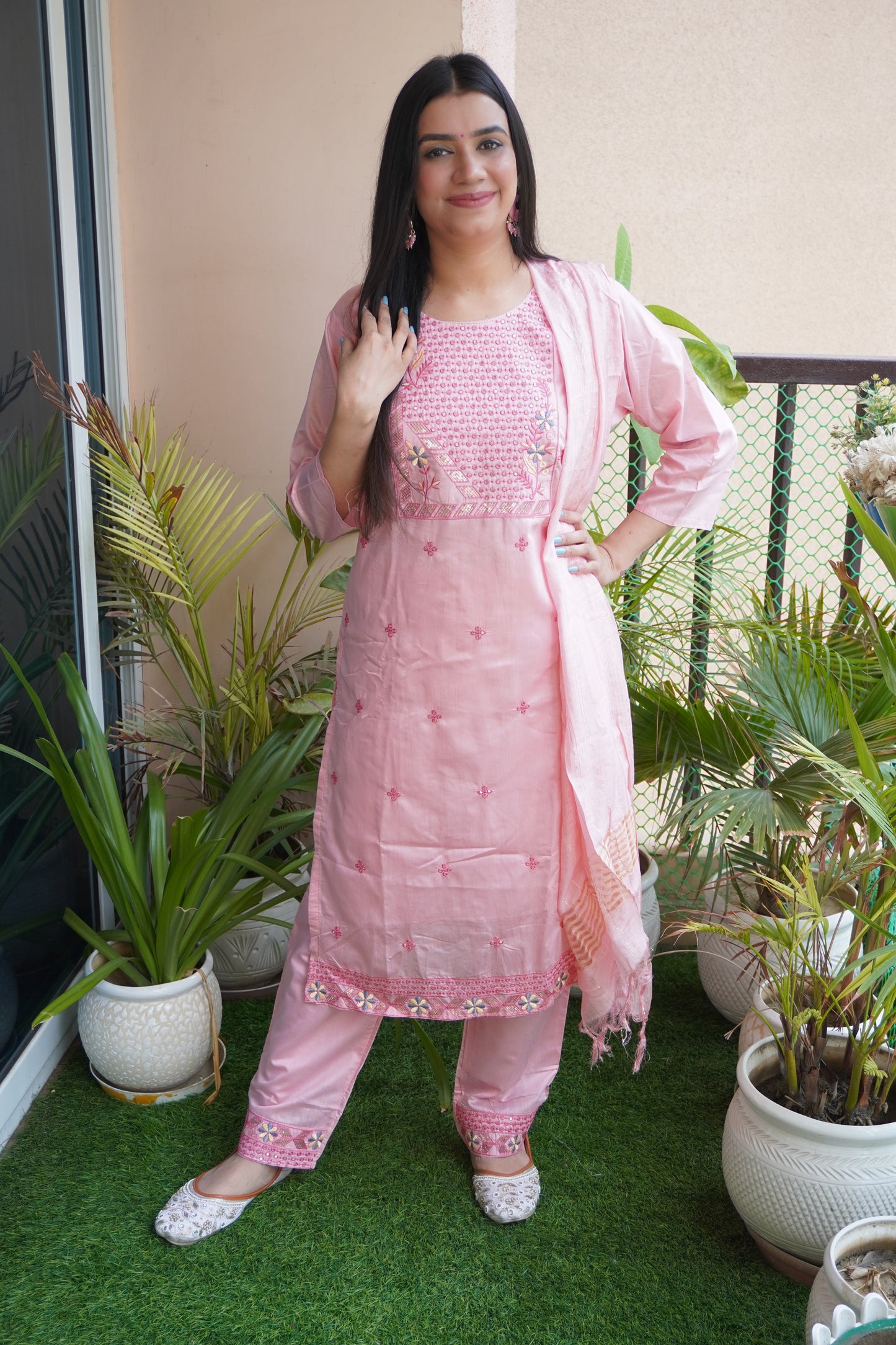 Pink Colour Thread & Sequence Work Straight Kurta Set with Pant & Dupatta