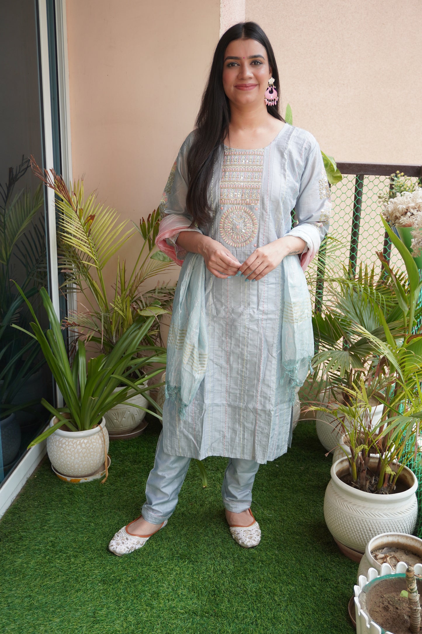 Grey Colour Thread & Sequence Work Straight Kurta Set with Pant & Dupatta