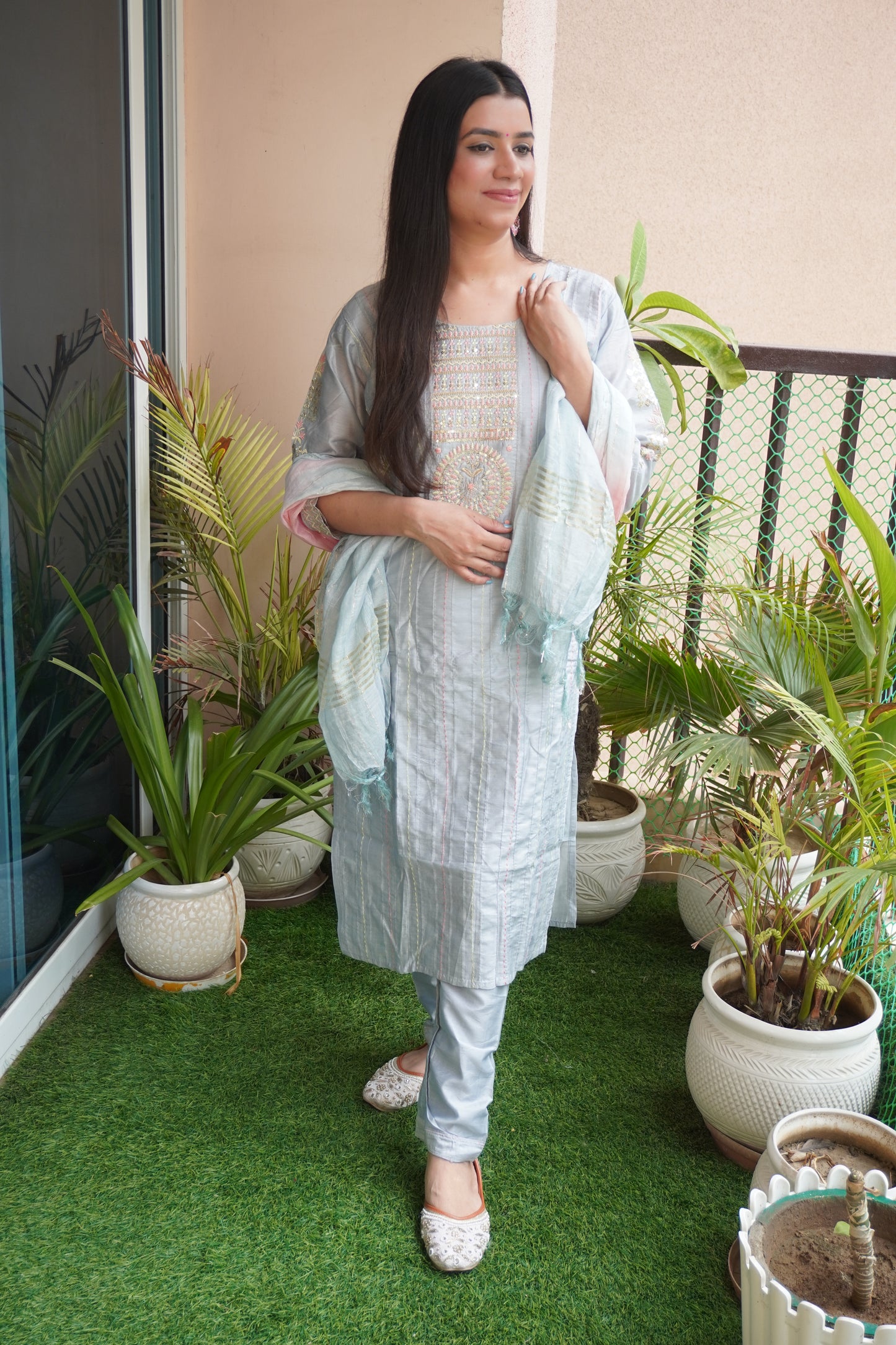 Grey Colour Thread & Sequence Work Straight Kurta Set with Pant & Dupatta