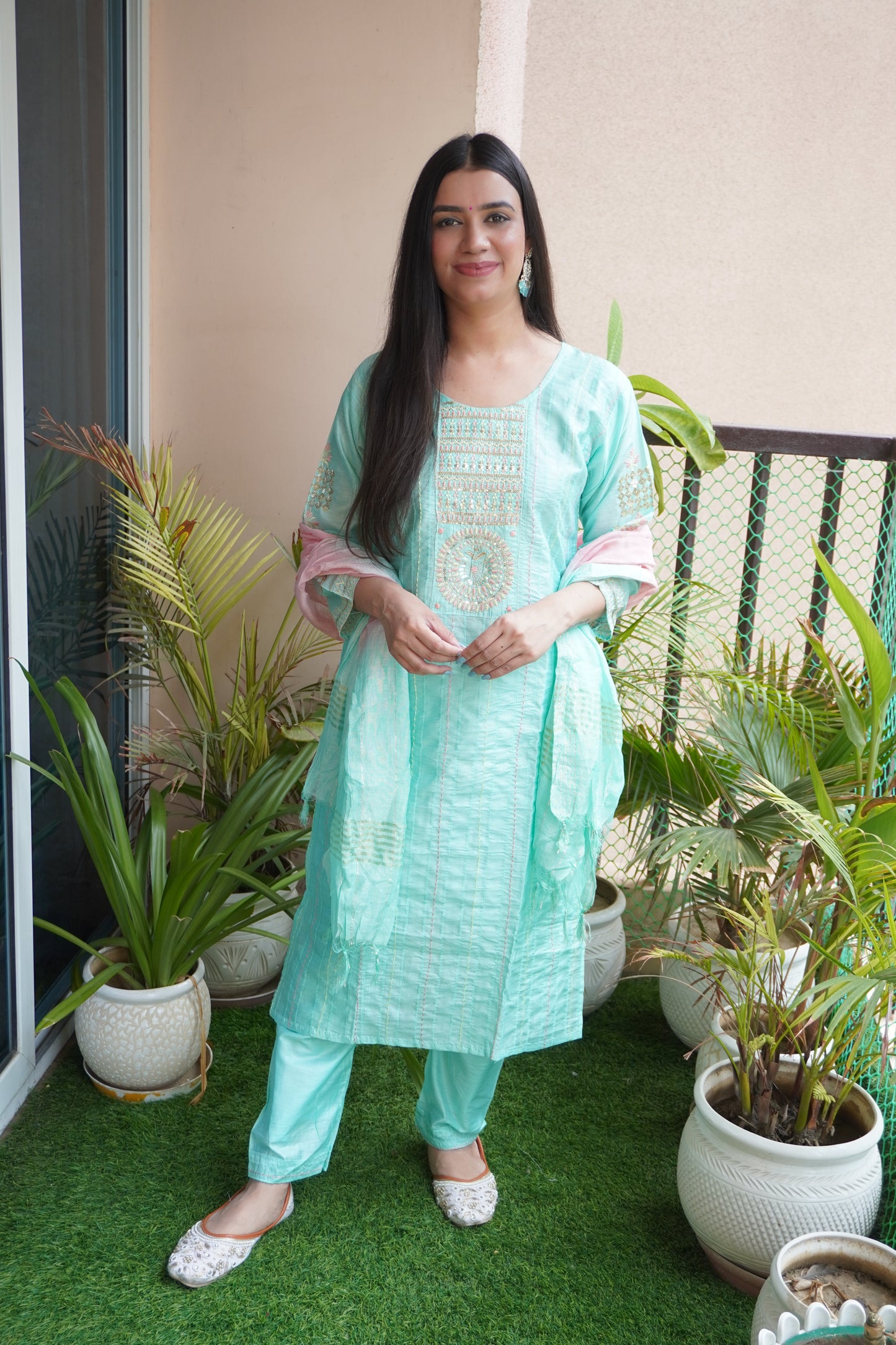 Sea Green Colour Thread & Sequence Work Straight Kurta Set with Pant & Dupatta