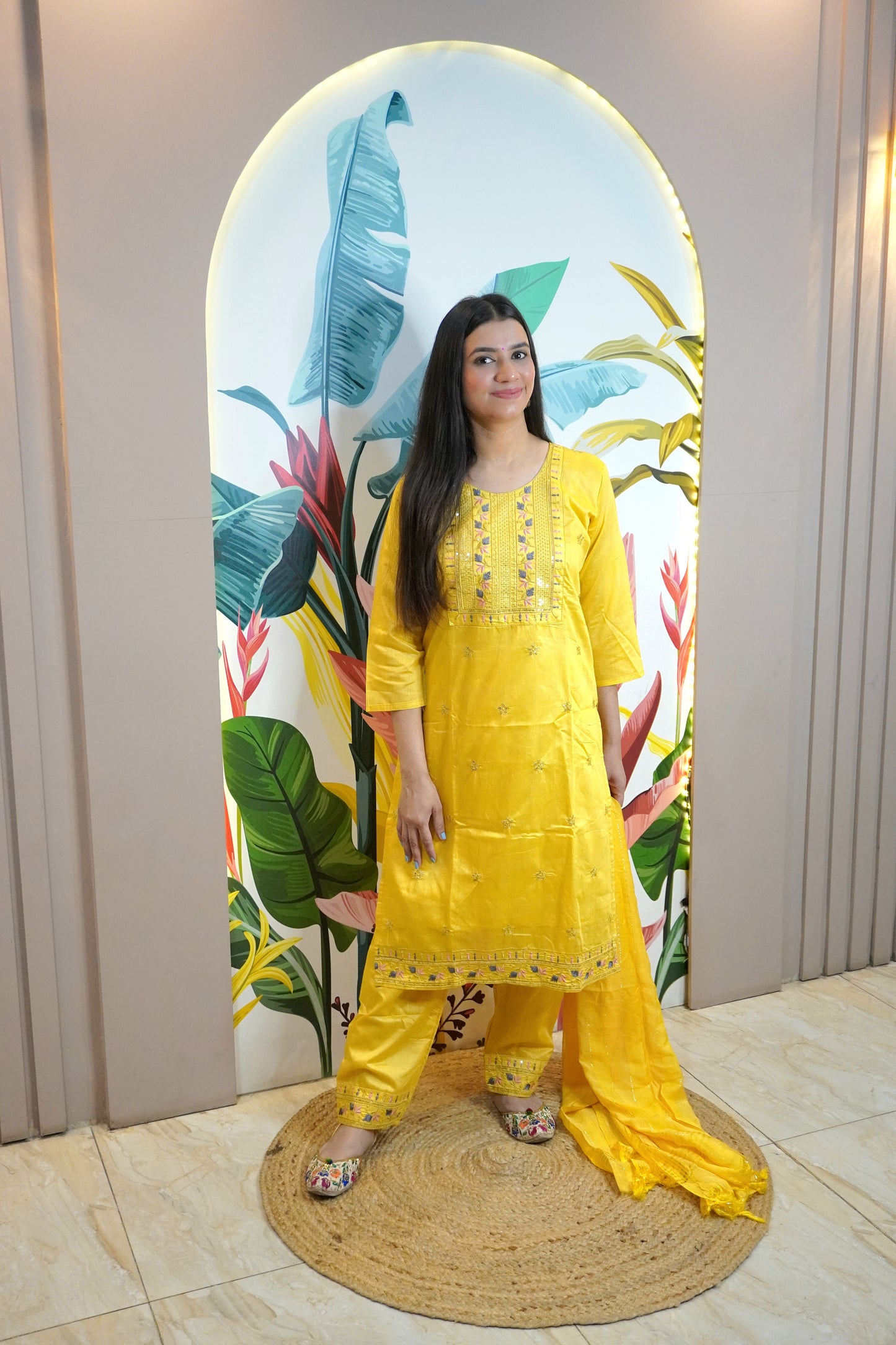 Mustard Colour Thread & Sequence Work Straight Kurta Set with Pant & Dupatta