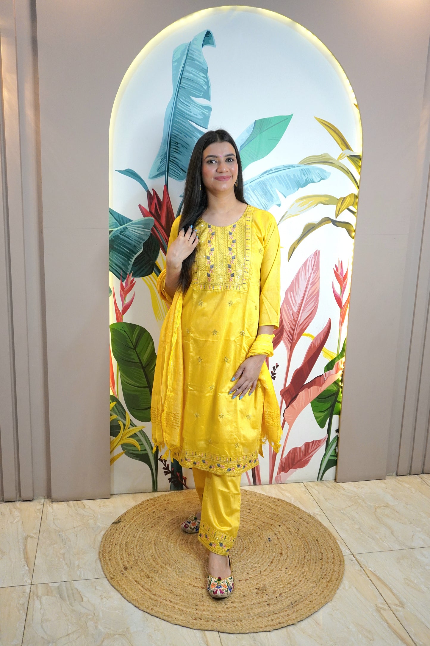 Mustard Colour Thread & Sequence Work Straight Kurta Set with Pant & Dupatta