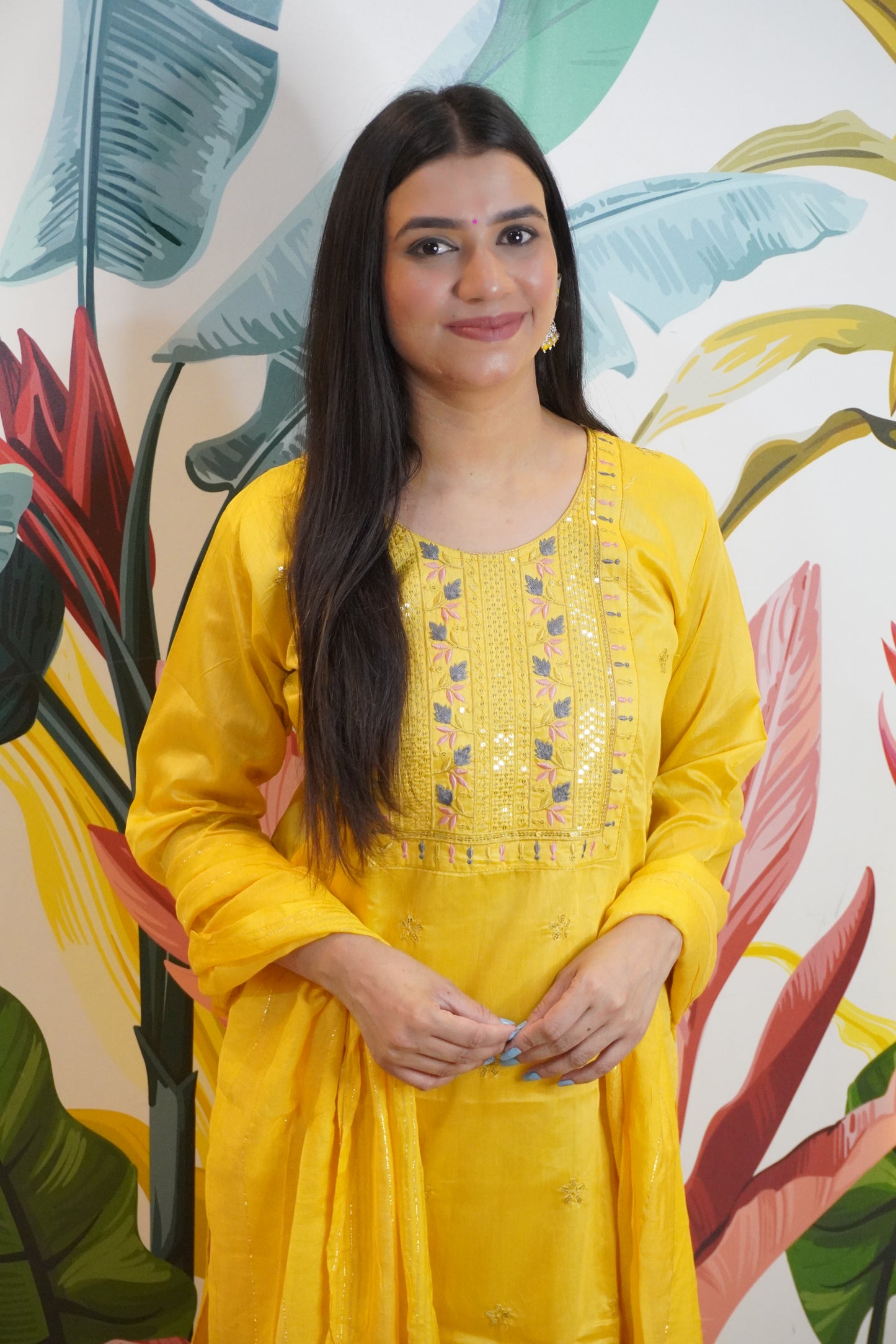 Mustard Colour Thread & Sequence Work Straight Kurta Set with Pant & Dupatta