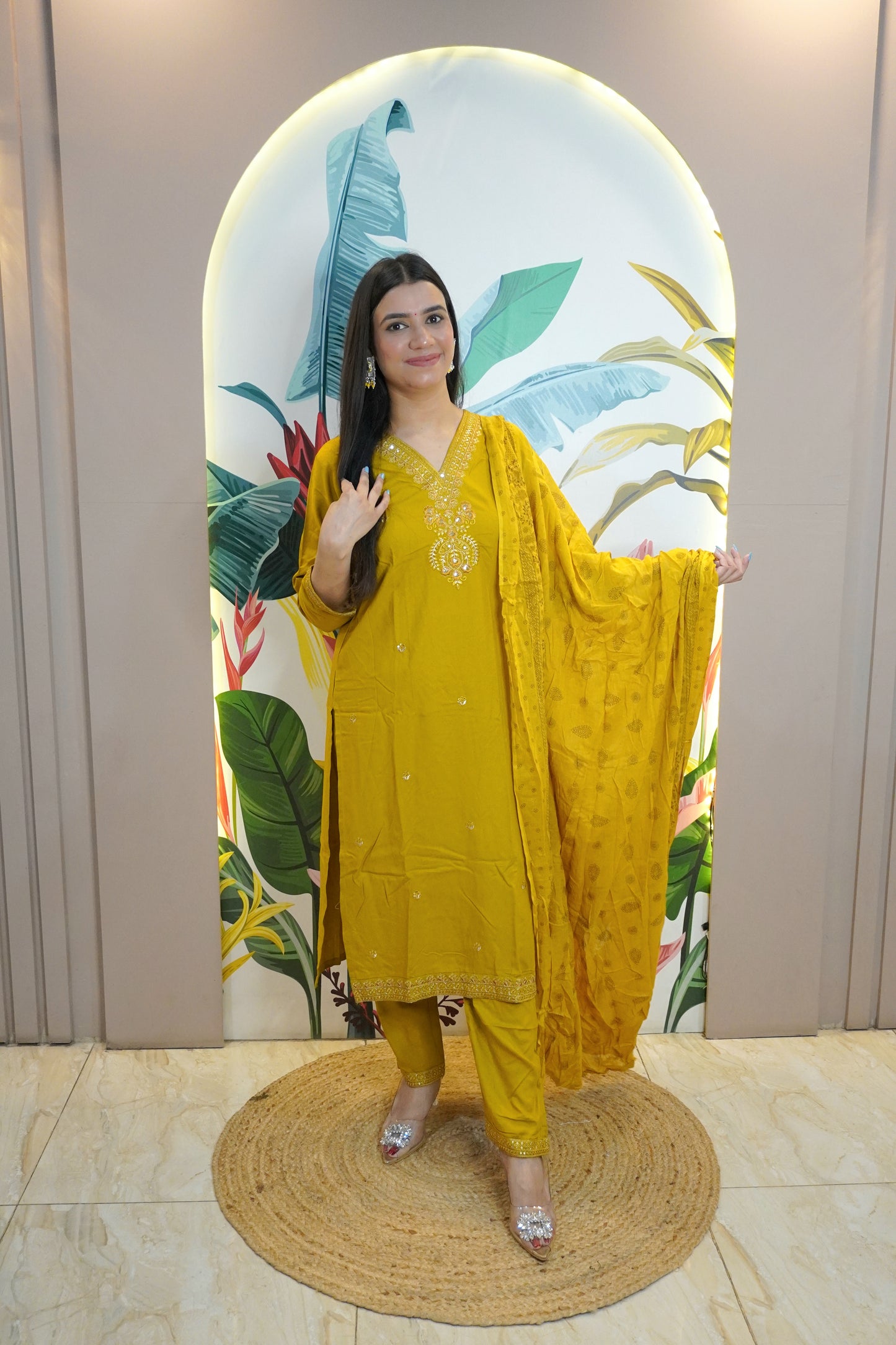 Mustard Colour Thread & Sequence Work Straight Kurta Set with Pant & Dupatta