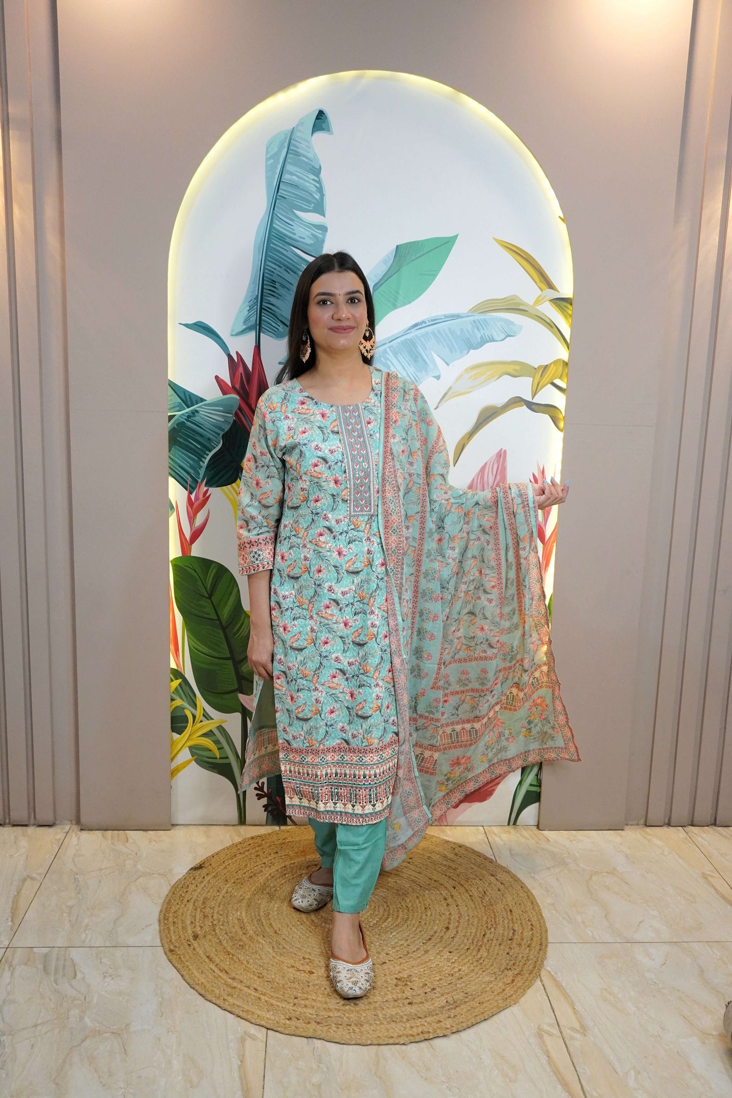 Sea Green Colour Floral design Chikankari & Sequence Work Straight Kurta Set with Pant & Dupatta