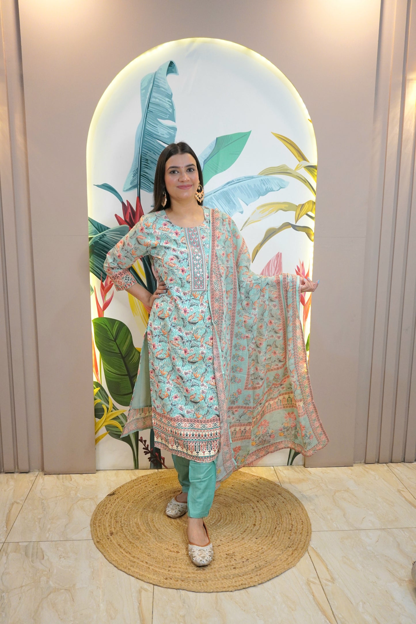 Sea Green Colour Floral design Chikankari & Sequence Work Straight Kurta Set with Pant & Dupatta