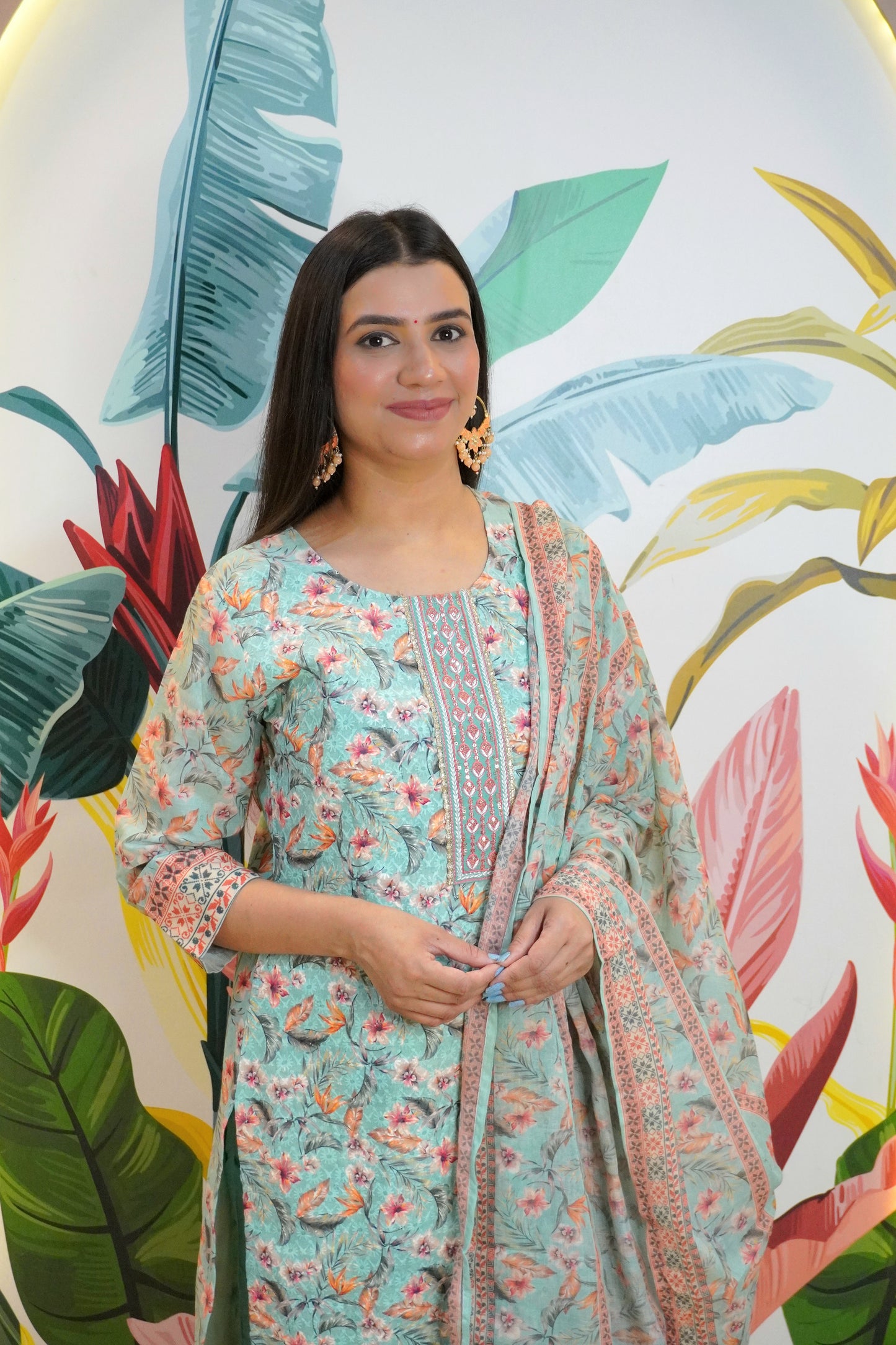 Sea Green Colour Floral design Chikankari & Sequence Work Straight Kurta Set with Pant & Dupatta