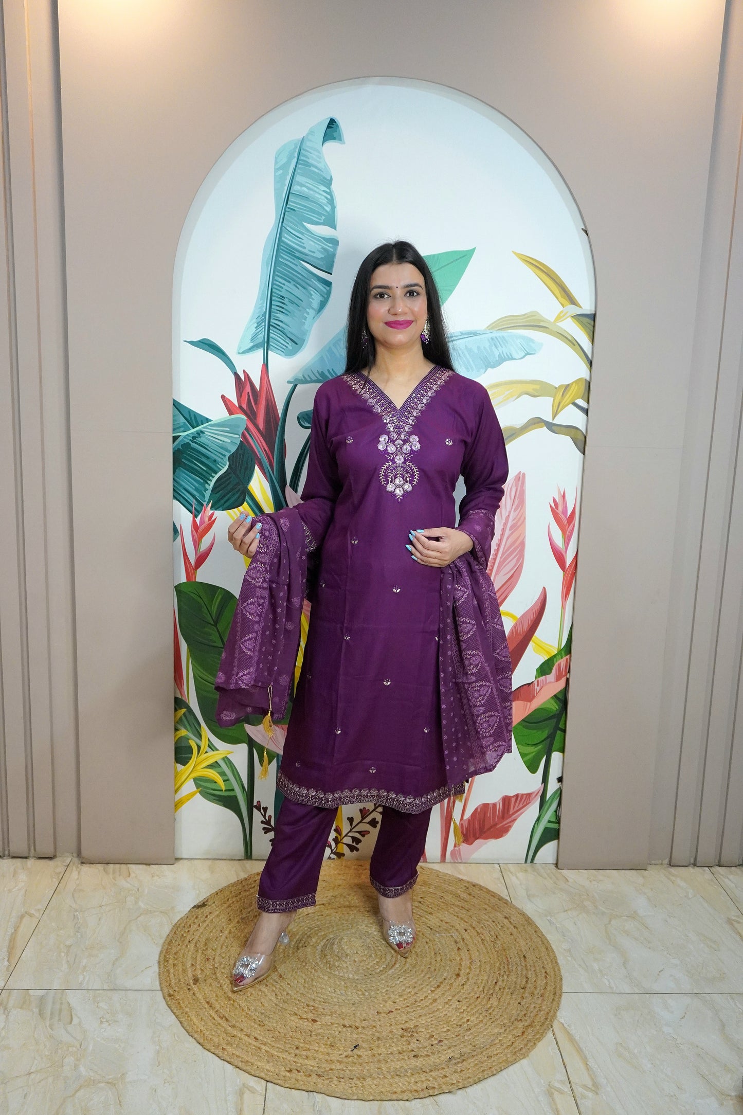 Purple Colour Thread & Sequence Work Straight Kurta Set with Pant & Dupatta