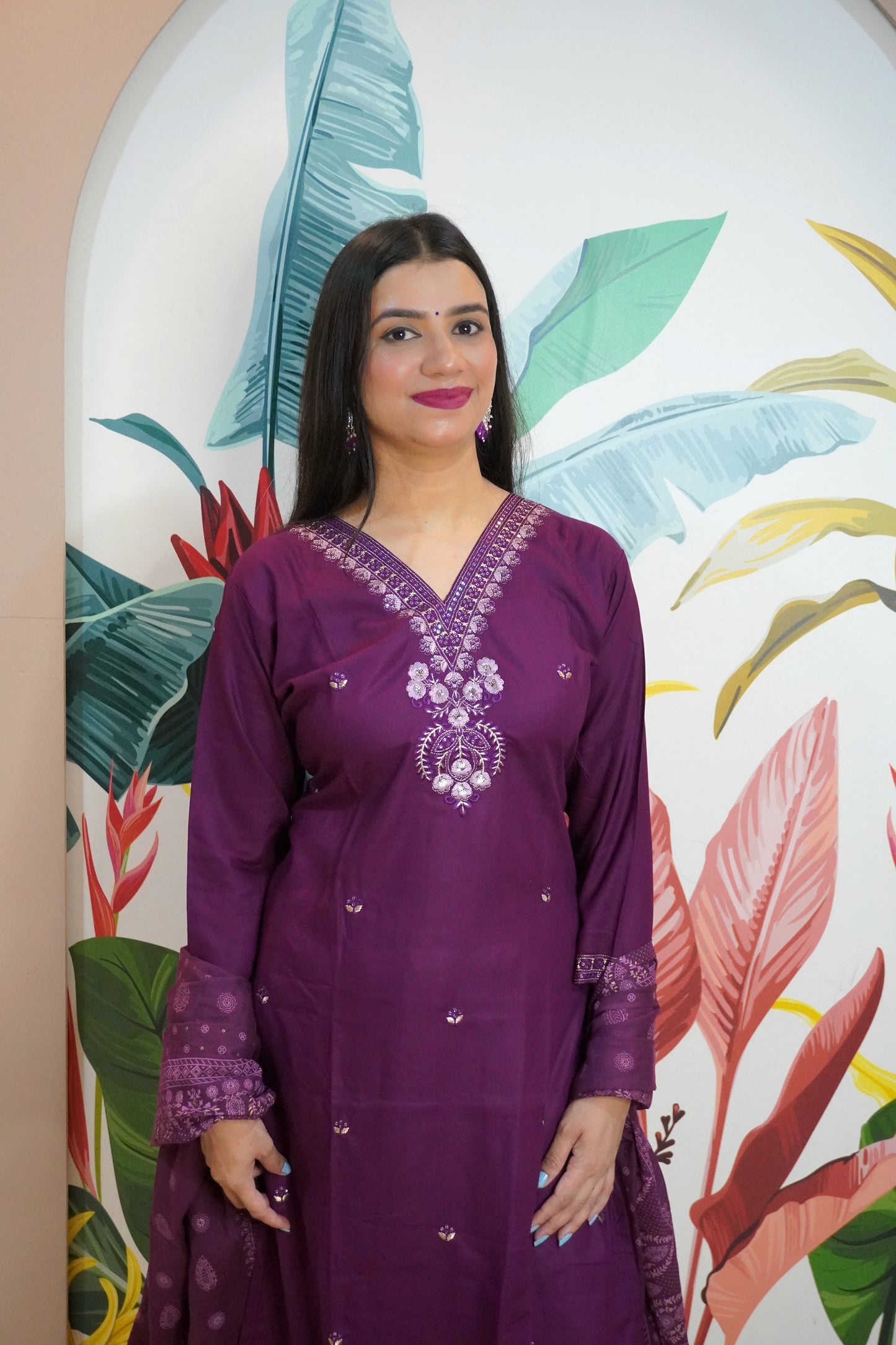 Purple Colour Thread & Sequence Work Straight Kurta Set with Pant & Dupatta