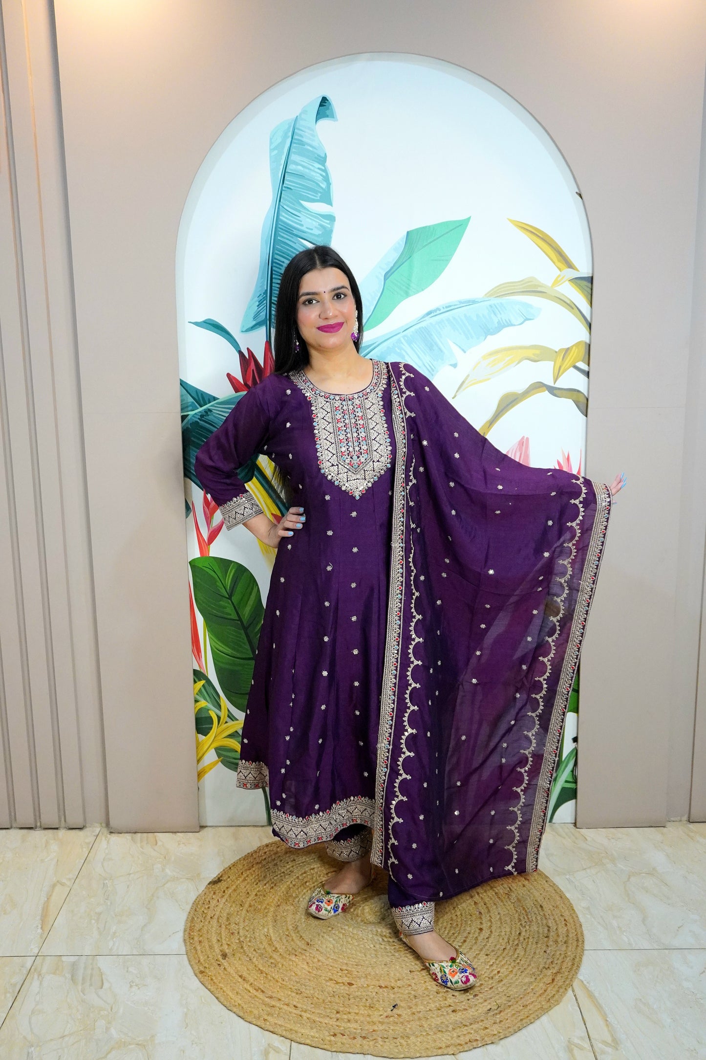 Purple Colour Zari Work Anarkali Kurta with Pant & Dupatta