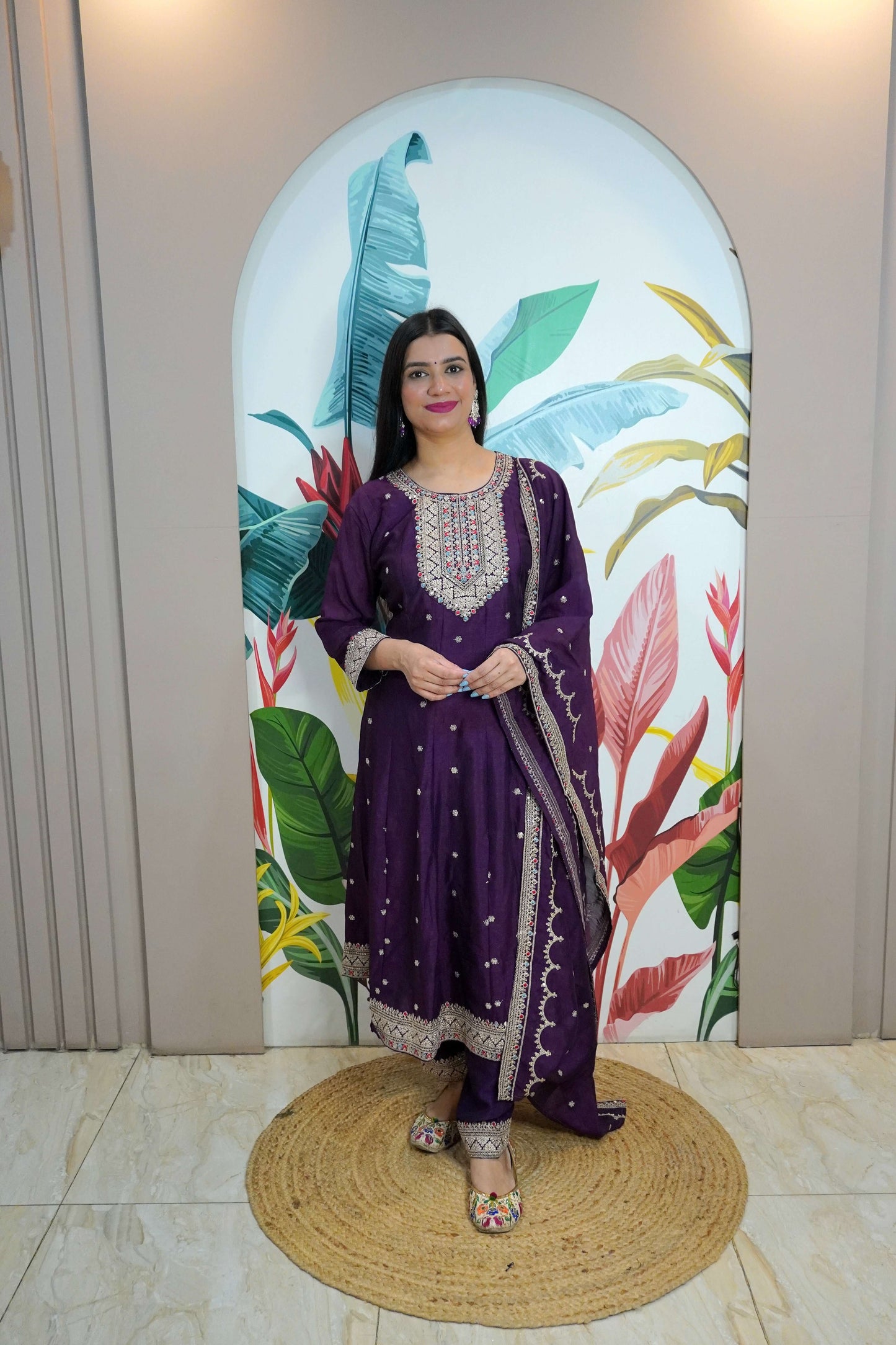 Purple Colour Zari Work Anarkali Kurta with Pant & Dupatta