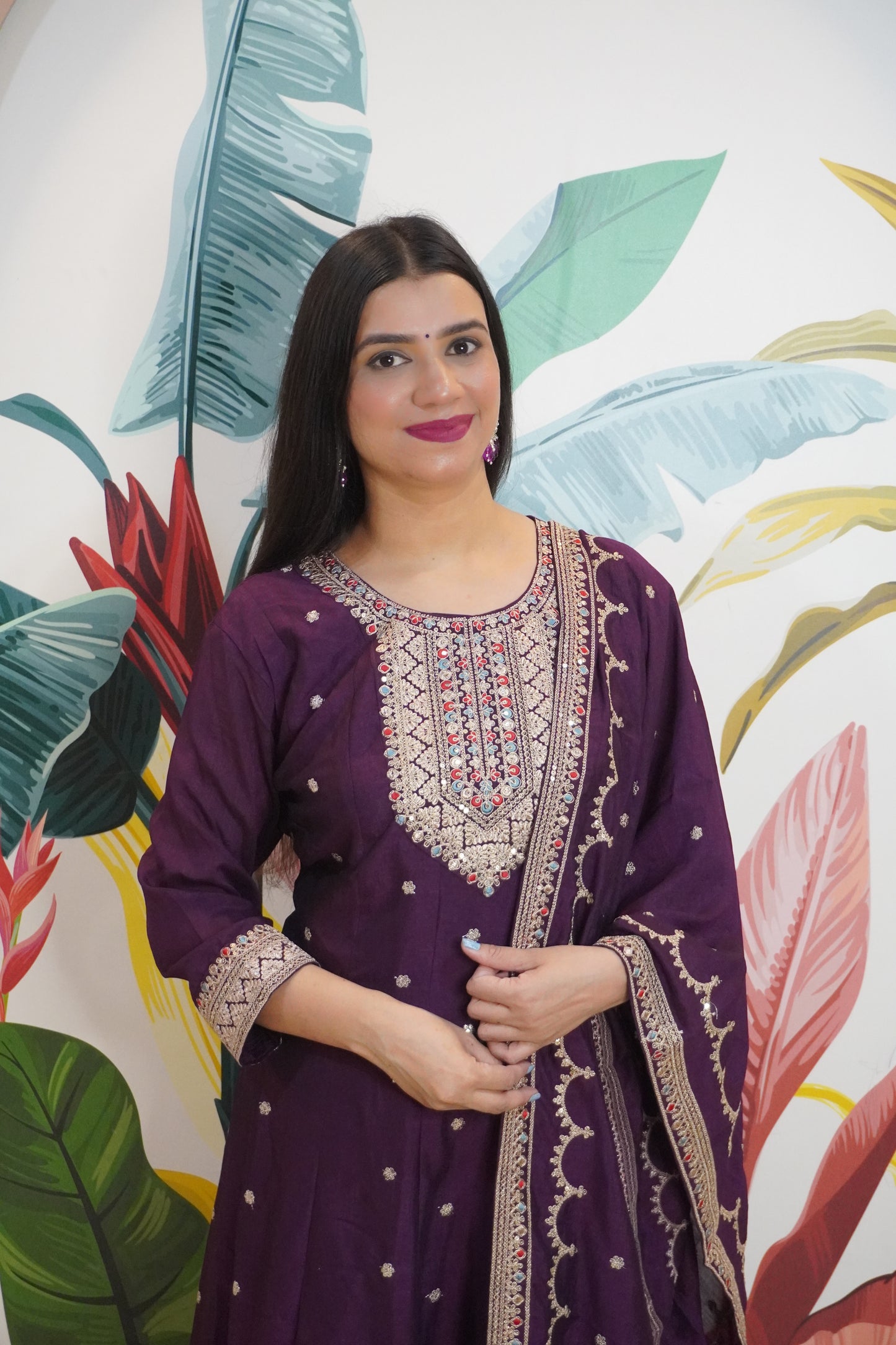 Purple Colour Zari Work Anarkali Kurta with Pant & Dupatta
