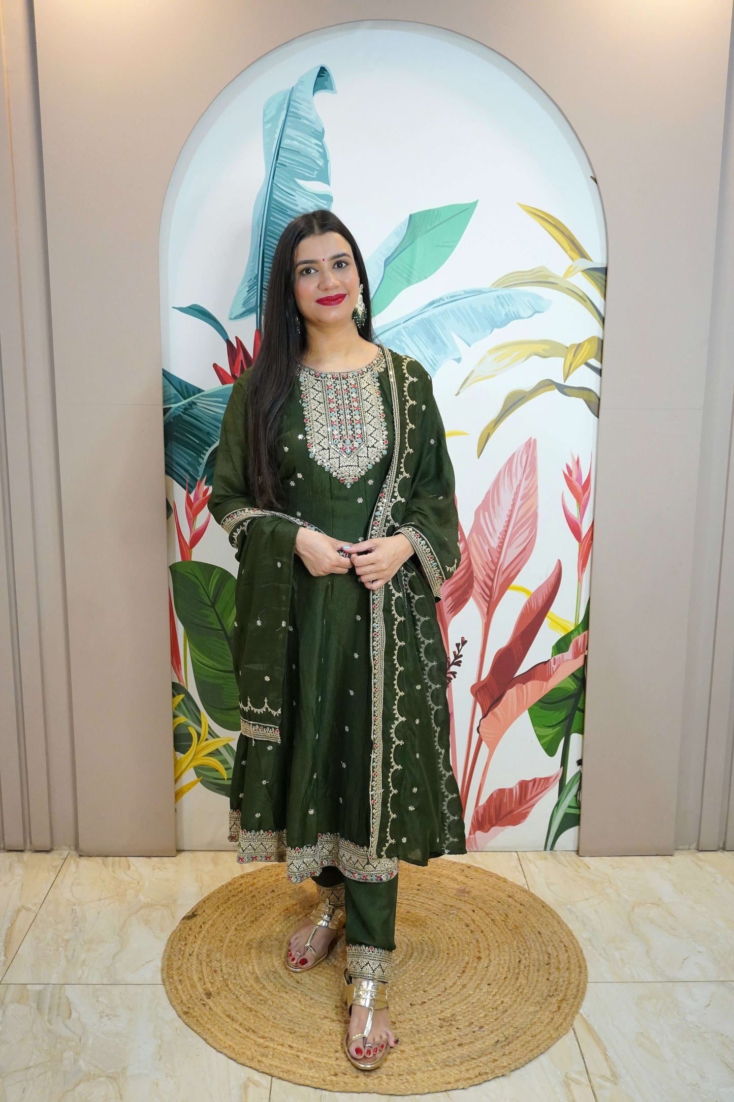 Dark Green Colour Zari Work Anarkali Kurta with Pant & Dupatta
