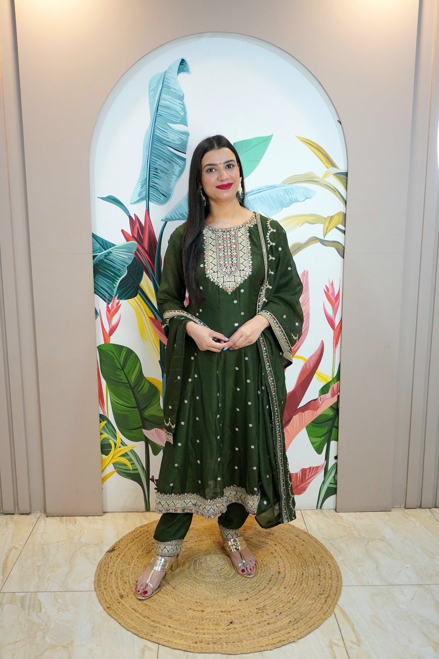 Dark Green Colour Zari Work Anarkali Kurta with Pant & Dupatta
