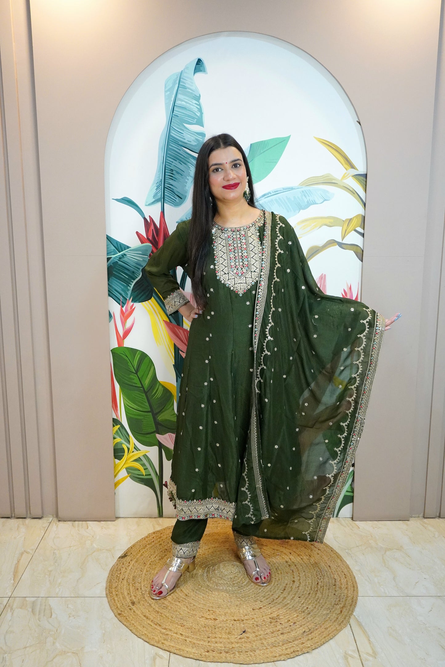 Dark Green Colour Zari Work Anarkali Kurta with Pant & Dupatta