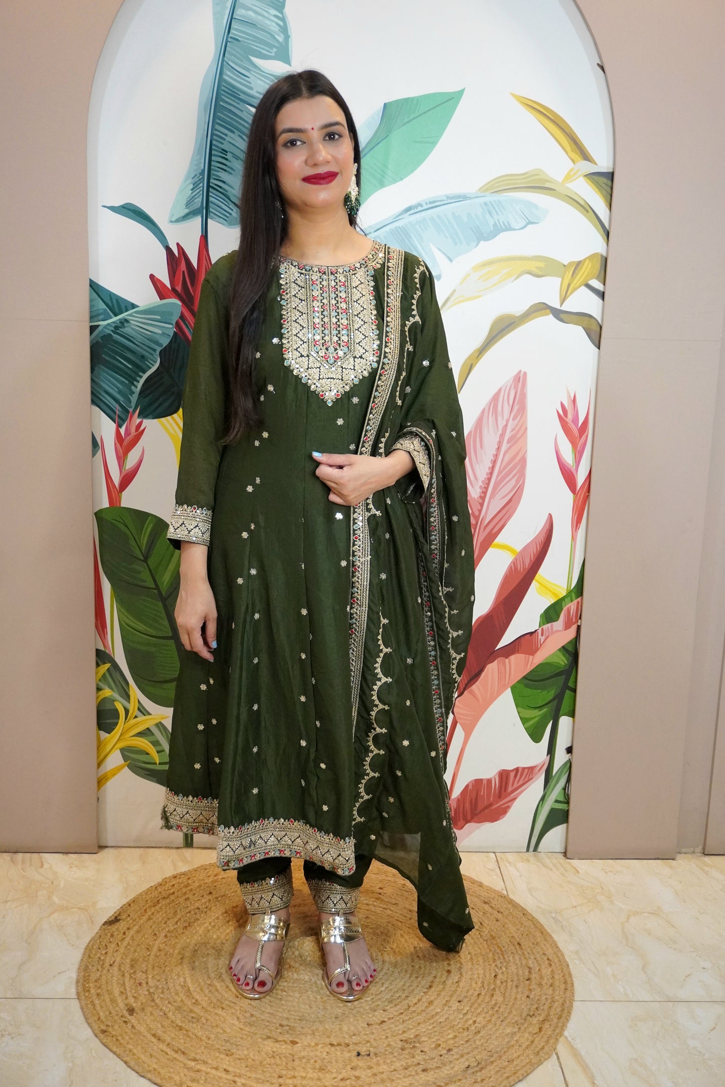 Dark Green Colour Zari Work Anarkali Kurta with Pant & Dupatta