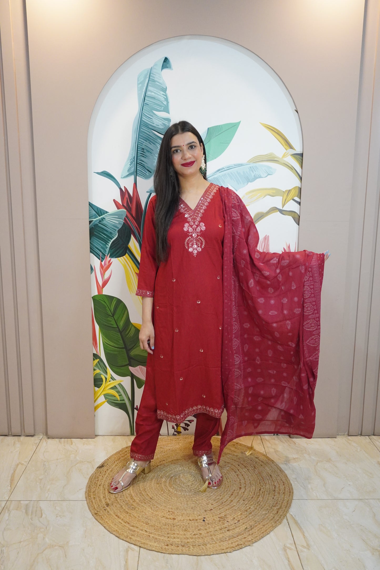 Red Colour Thread & Sequence Work Straight Kurta Set with Pant & Dupatta